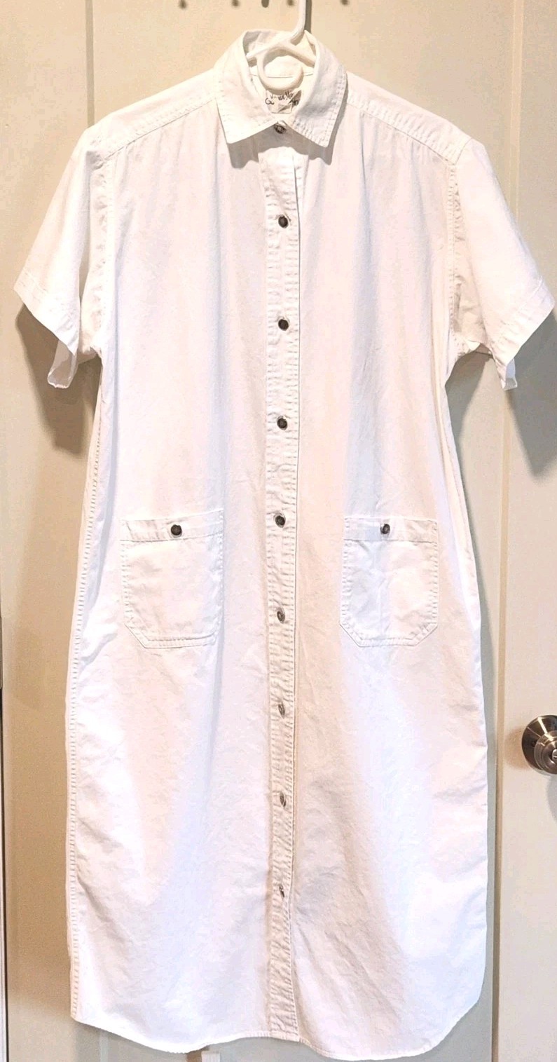 Vintage 80s Neiman Marcus Calvin Klein White Cotton Utility Shirt Dress Duster M