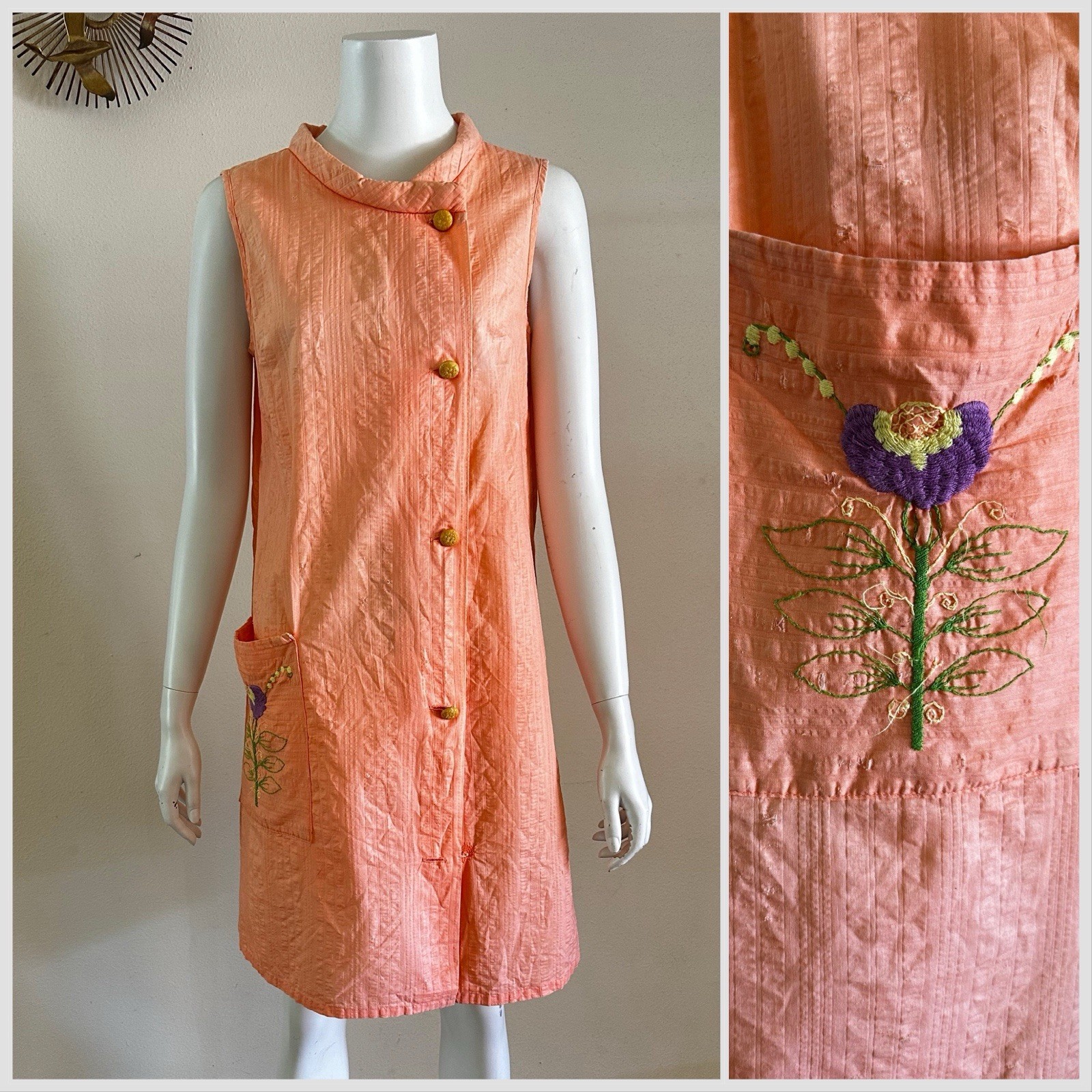 1950s Plisse House Coat AS-IS Coral Embroidered Flower Pocket Sleeveless Duster