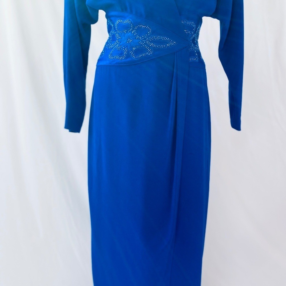 Vintage 80’s Daymor Couture Blue Wrap Style Dress with Beaded Embellishments S