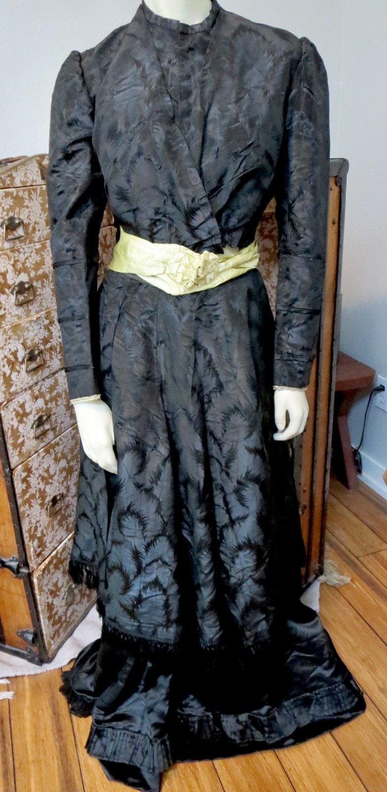 Antique 1860s Black Silk Mourning Dress Fern Pattern Fringe & Ruffle 2 Piece