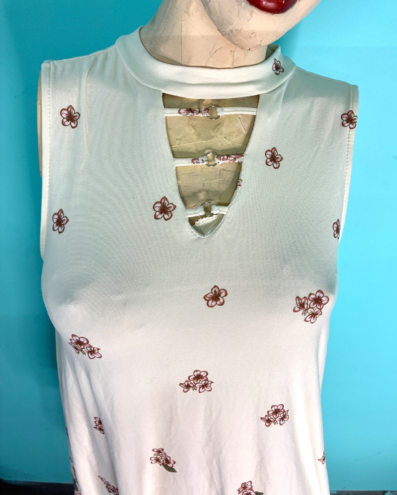 VTG Y2K Ivory White Mauve Pink Floral Print Knit Sleeveless Baby Doll Sundress~M