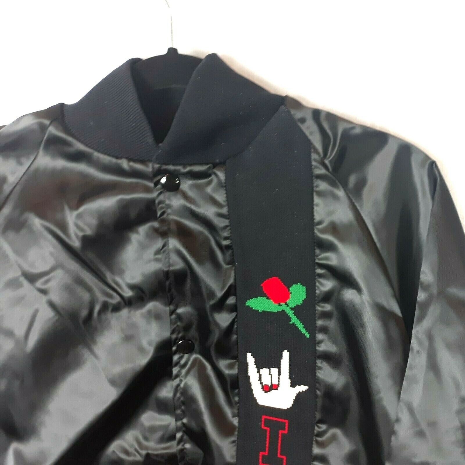 Vtg West Ark Satin Embroidered Rose Love Sign Bomber Jacket Size L Black Hippie