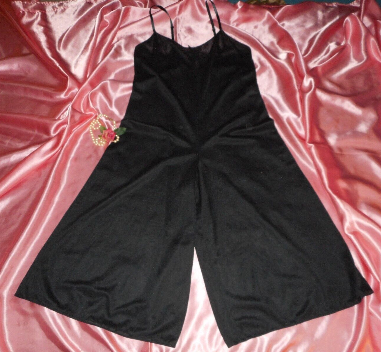 VinTage Jumpsuit Romper Full Slip Black Silky Nylon Wide Leg Culotte USA