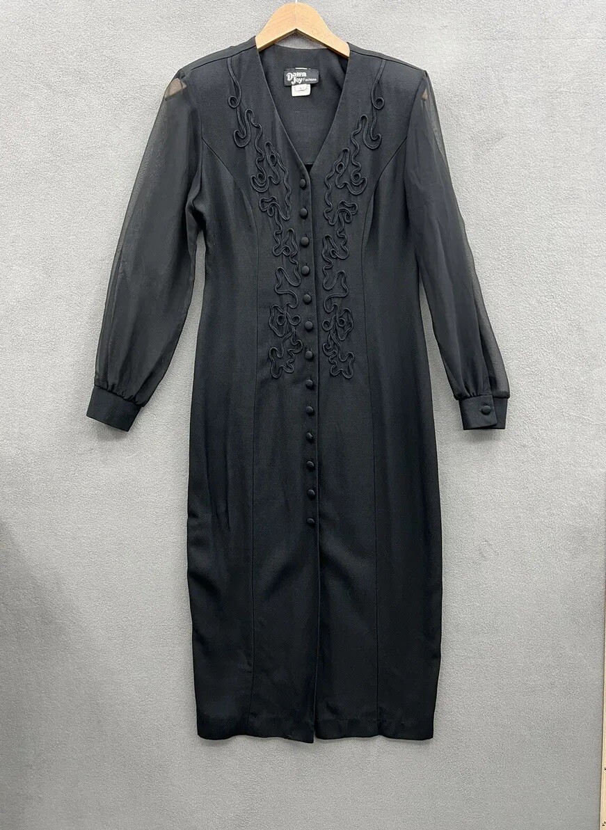 Vintage Dawn Joy Fashions Dress Women’s 9/10 Button Front Black 1980s