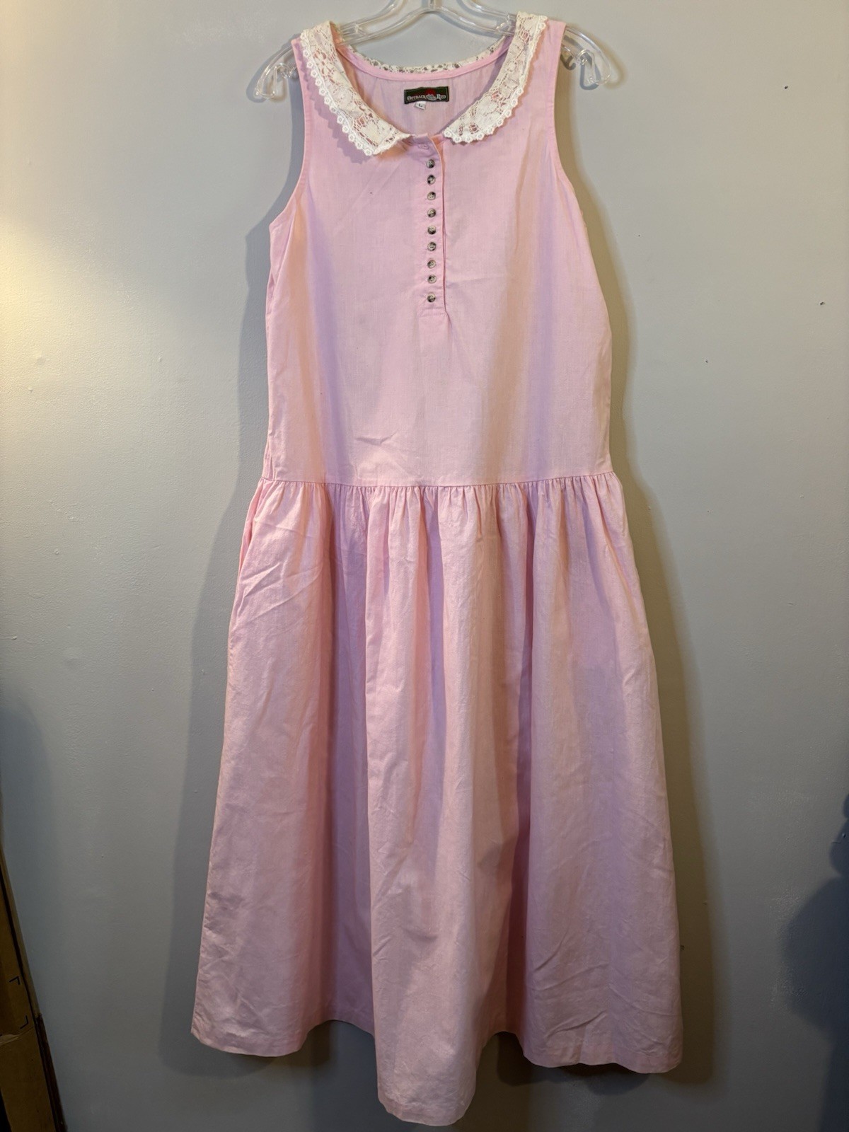VTG OUTBACK RED Pink Drop Waist Midi Dress Lace Peter Pan Collar L Cottage Core
