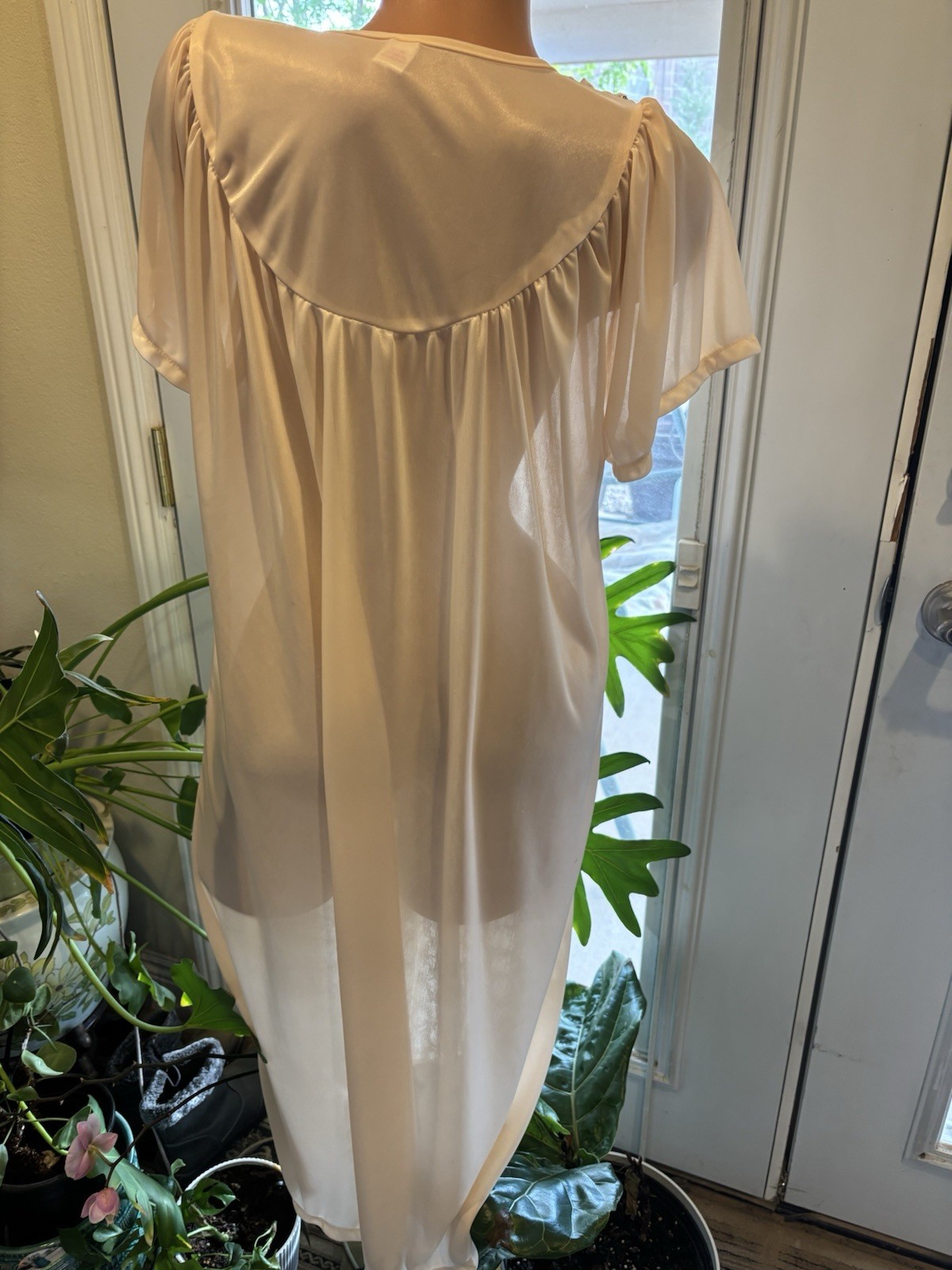 Vtg Satin Soft CreamSickle Shiny Silver Sequins Gown Sheer Long Dress Nightgown