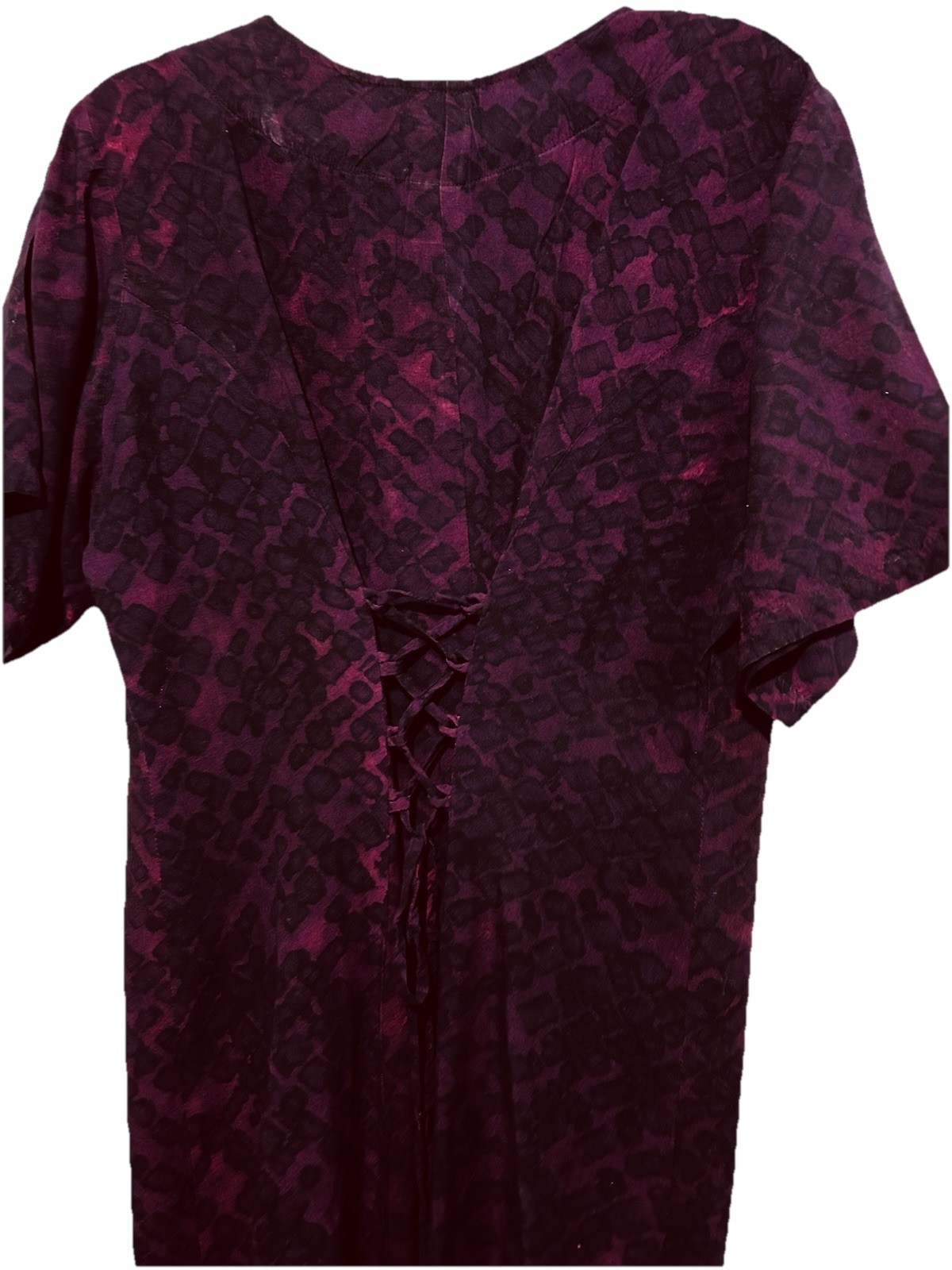 Vintage Y2K 90s Dress M Boho Purple Pink Batik Button Front Rayon Lace Up Back