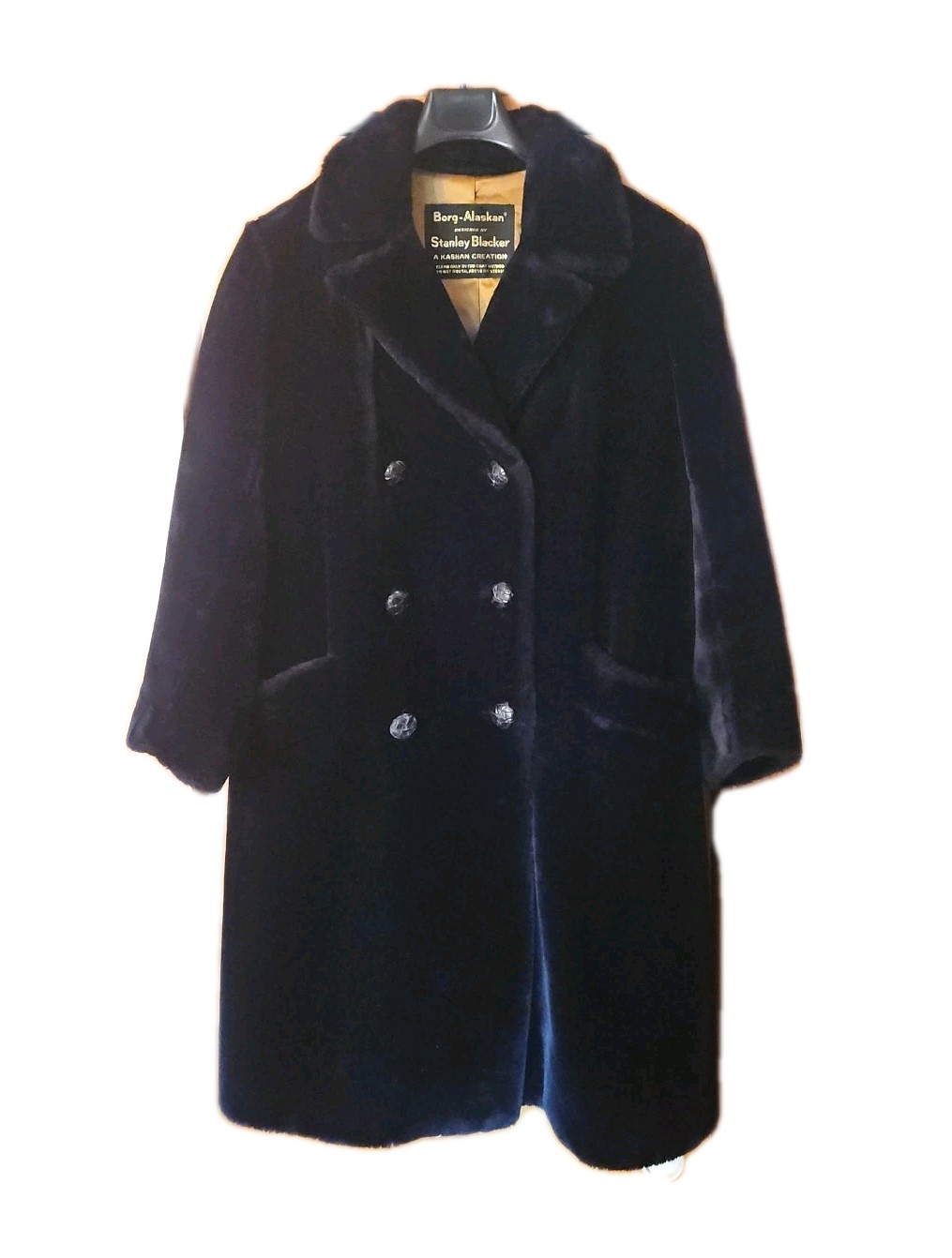 Borg-Alaskan Kashan Stanley Blacker Coat Black Faux Fur Double Breasted Lined
