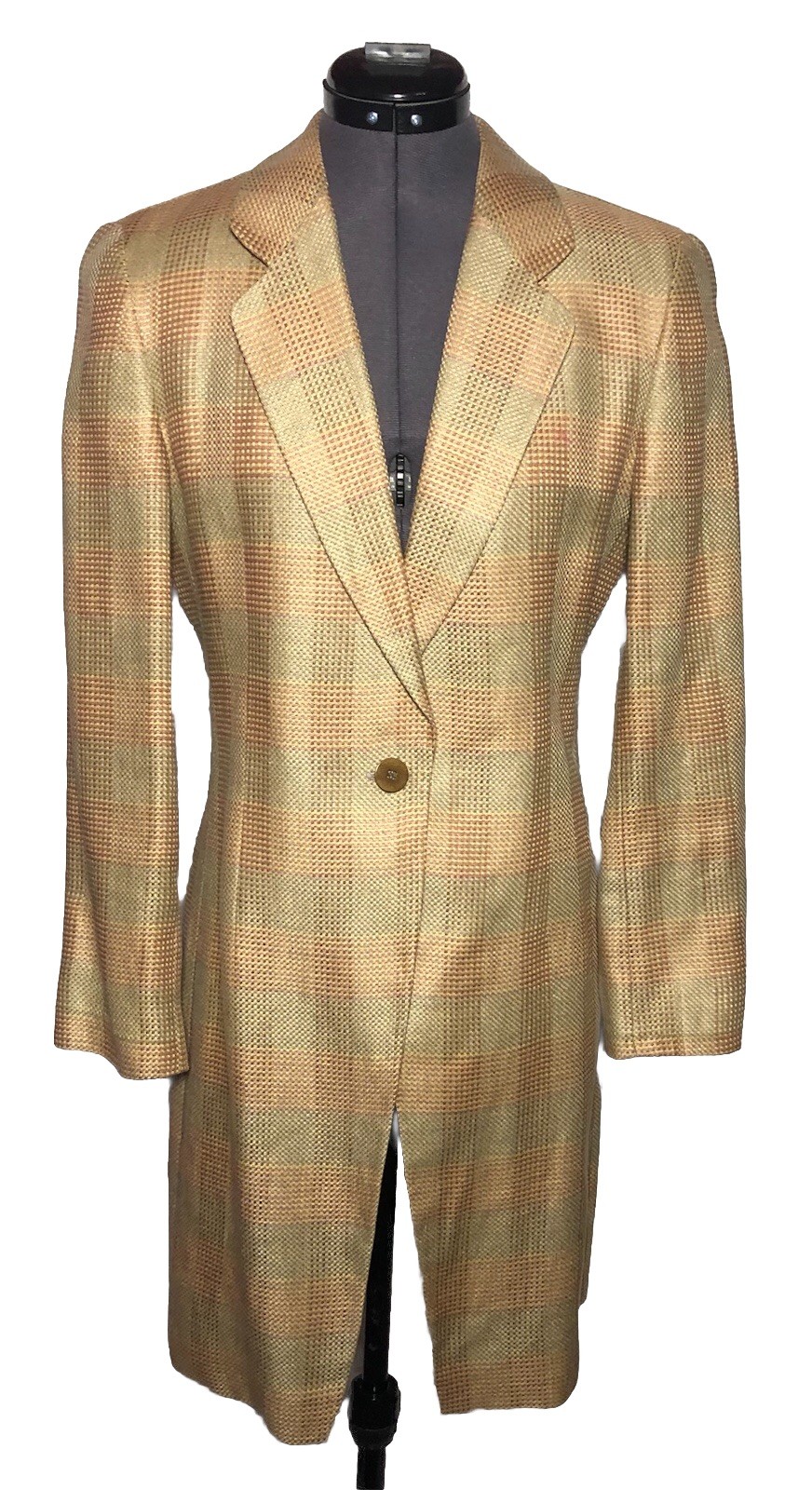 Vtg 80s Giorgio Armani Le Collezion Pink Blue Tan Plaid Long Blazer Italy 40 M