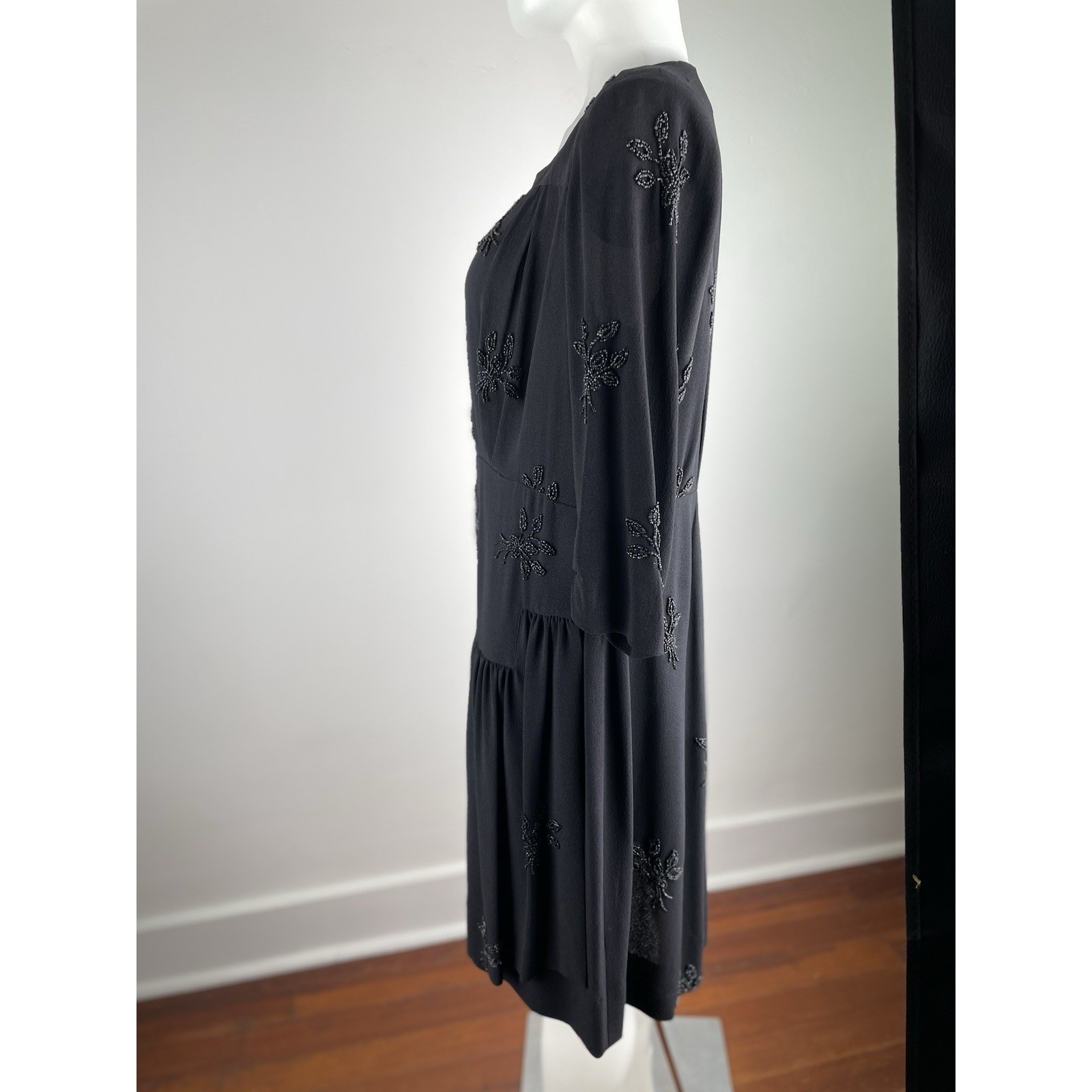 Vintage 40s Black Beaded Rayon Dress Beaded Formal Elegant READ