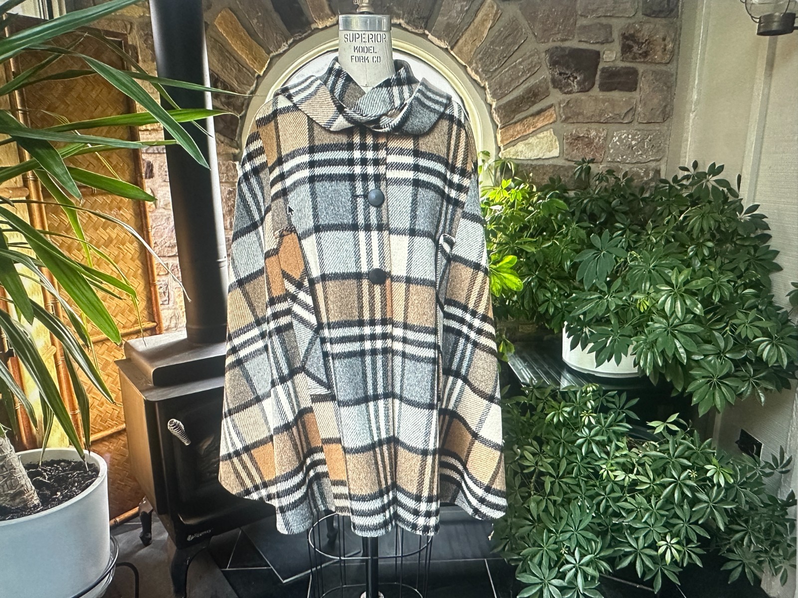 Vintage Tan Ivory Black and Gray Plaid Wool Cape Mid Thigh Length