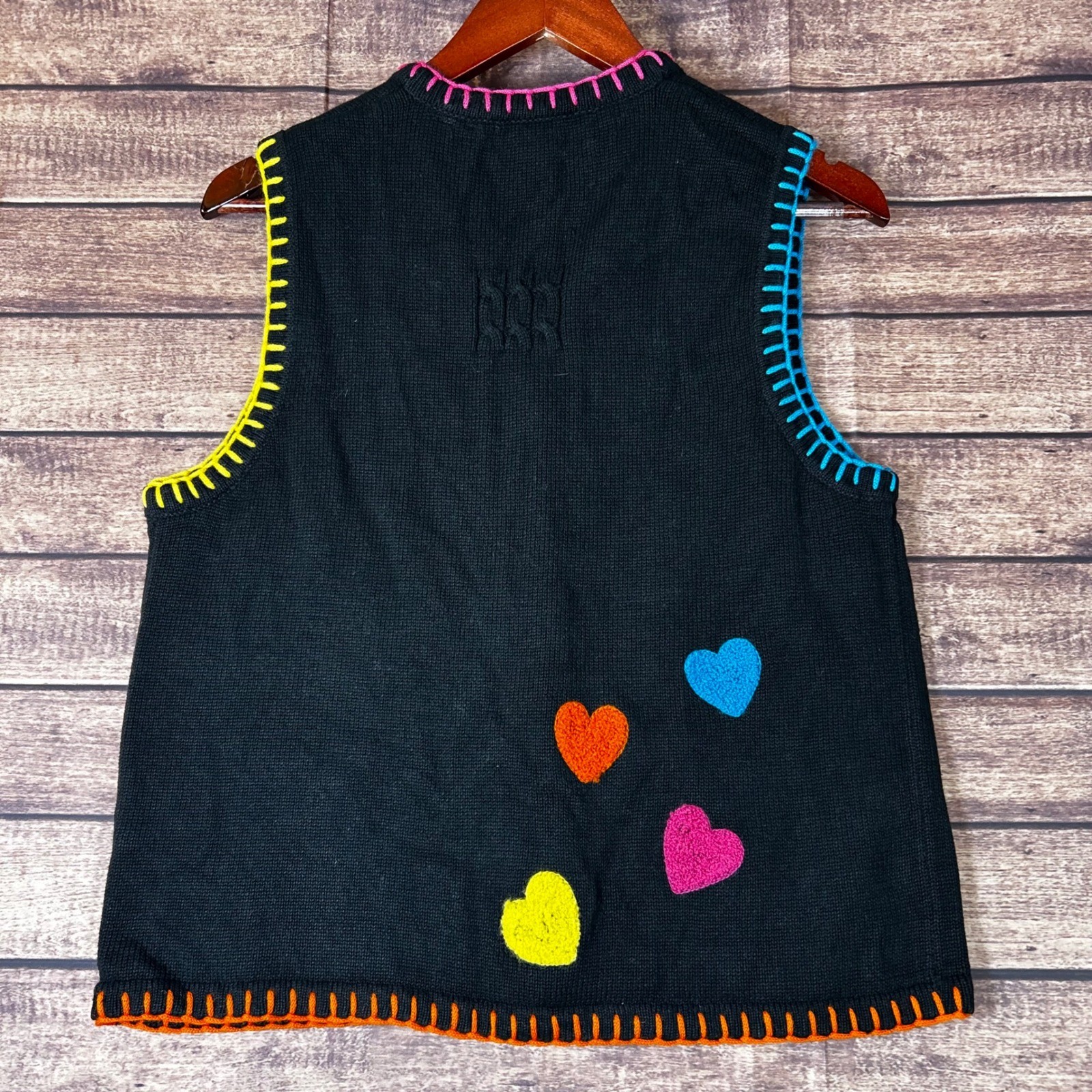 Marisa Christina Vintage Heart Patch Sweater Vest Black Multi Color Buttons M