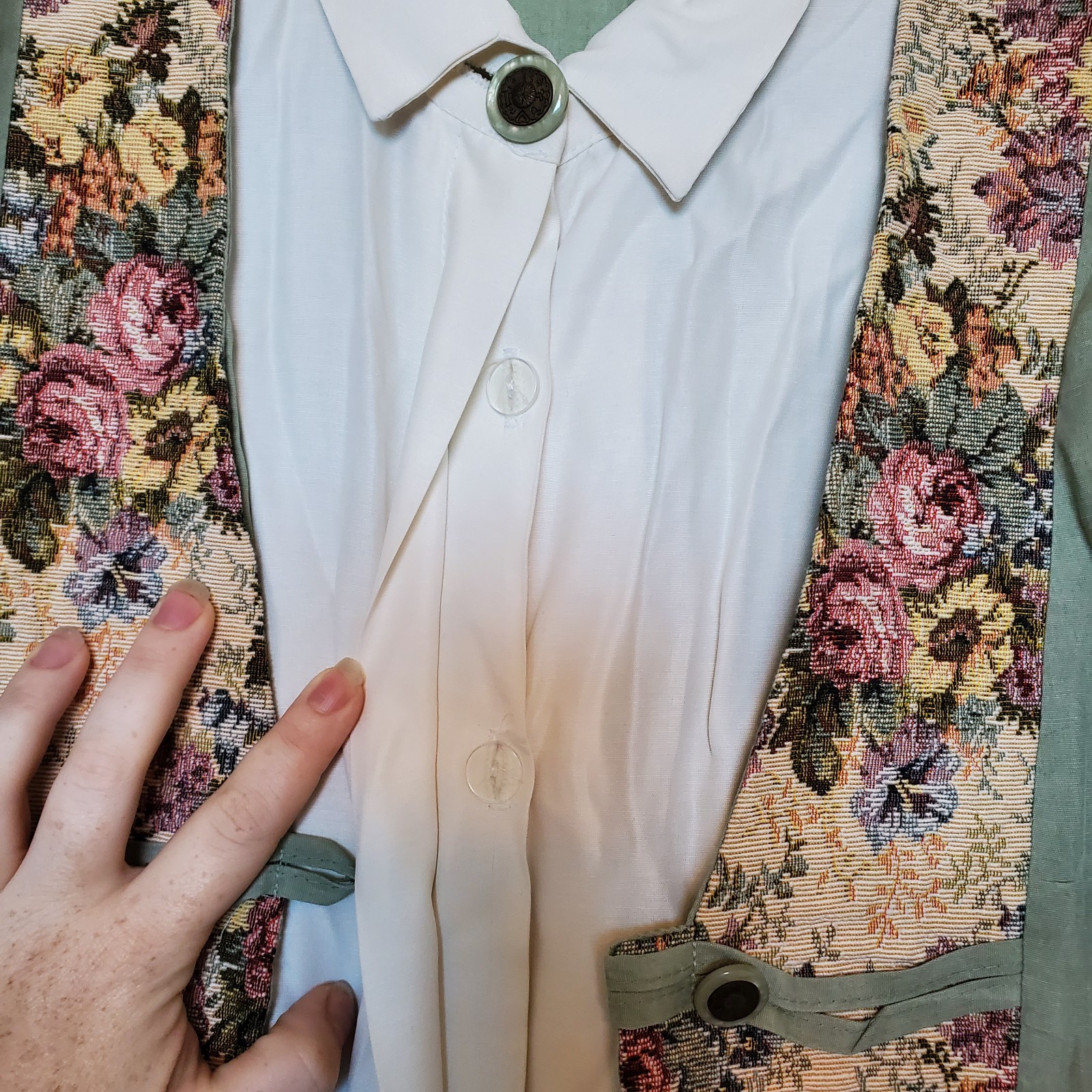 VINTAGE 80s JUST IN THYME 14 Cottagecore Mint Green White Maxi Dress Quited Vest