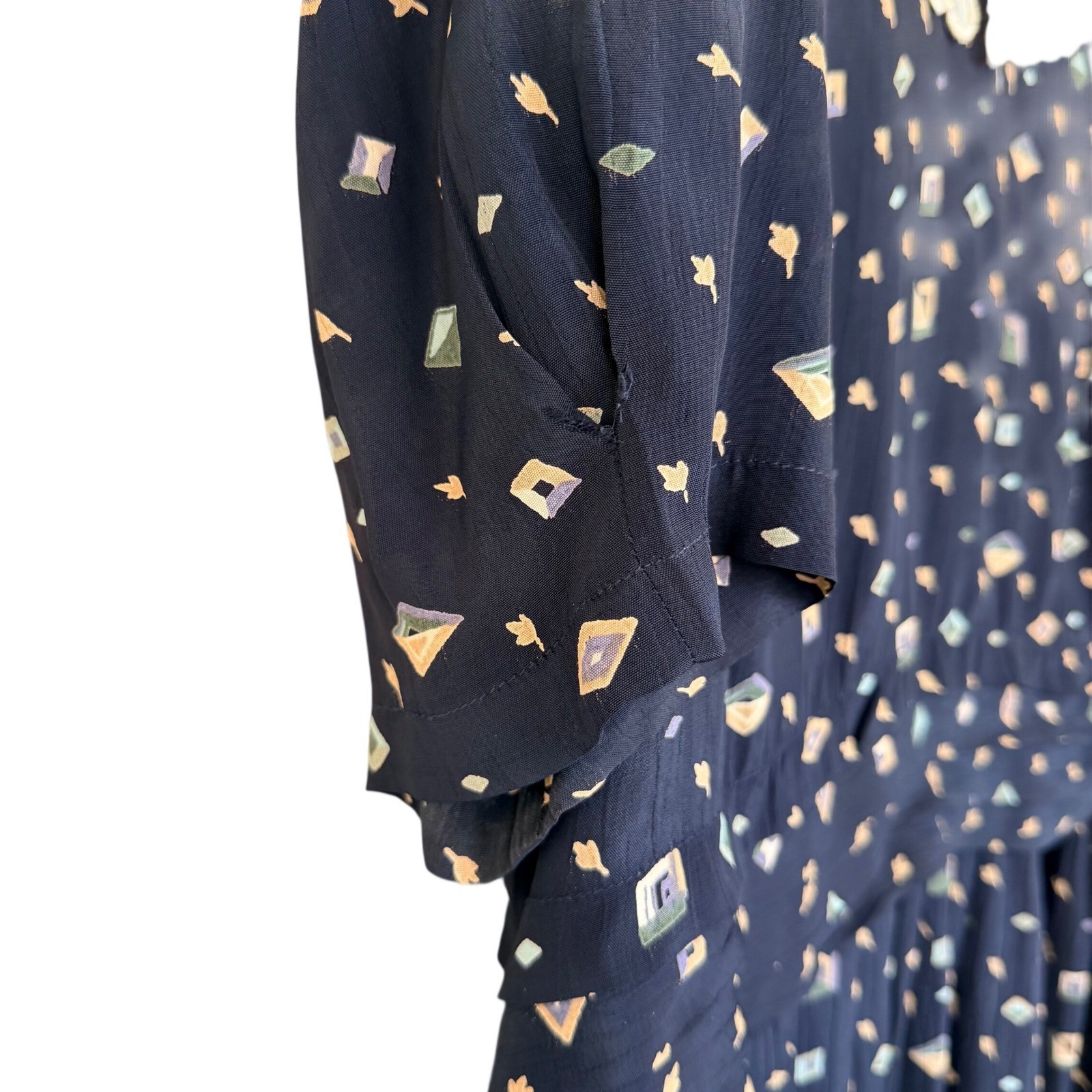 Karin Stevens Navy Blue Geometric Print Midi Dress Lace Collar Beaded Vintage 14