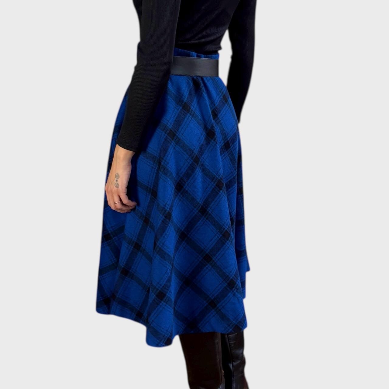 Vintage 90s Blue Plaid Wool Blend Midi Skirt | High Waist A-Line size US8/ EU40