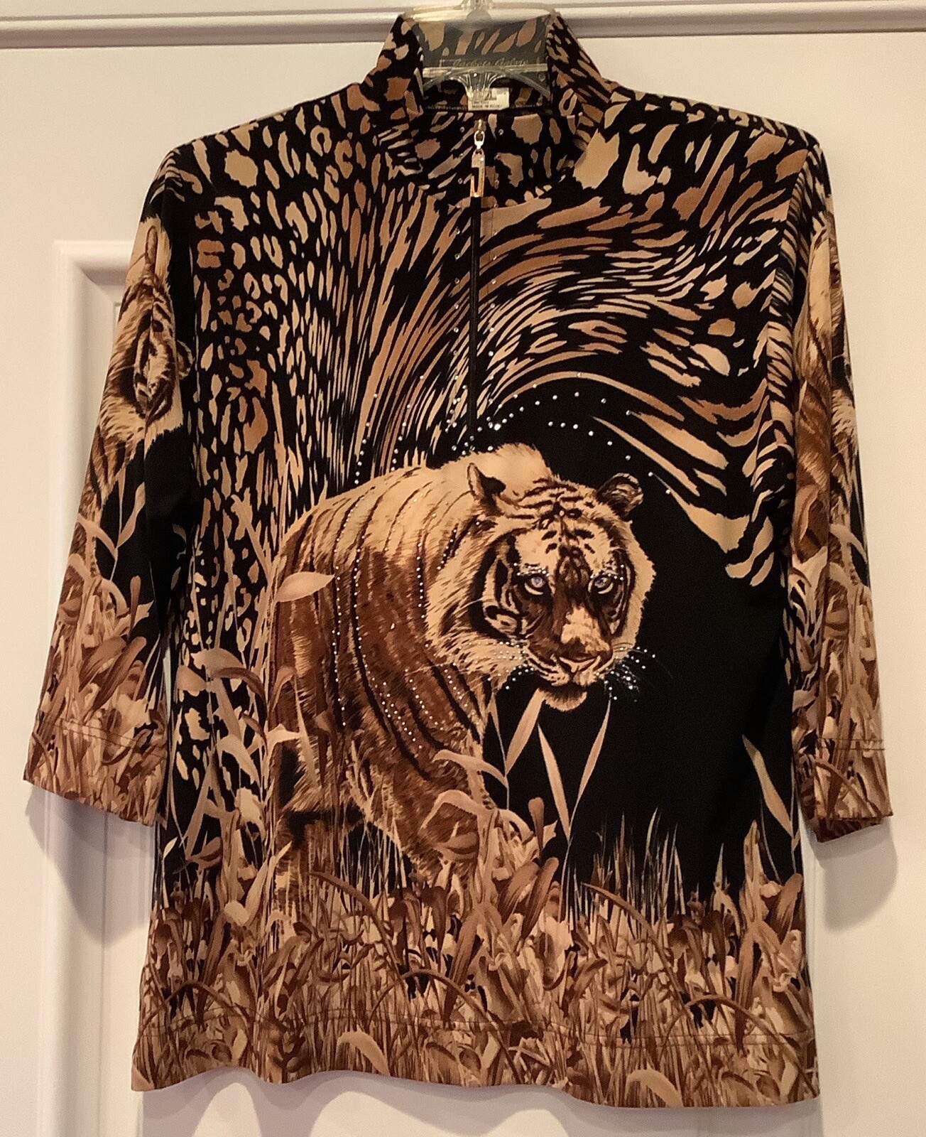 Vtg Jackets Galore By John Farah Top Large Leopard Tiger Print Bling 3/4 Sleeves