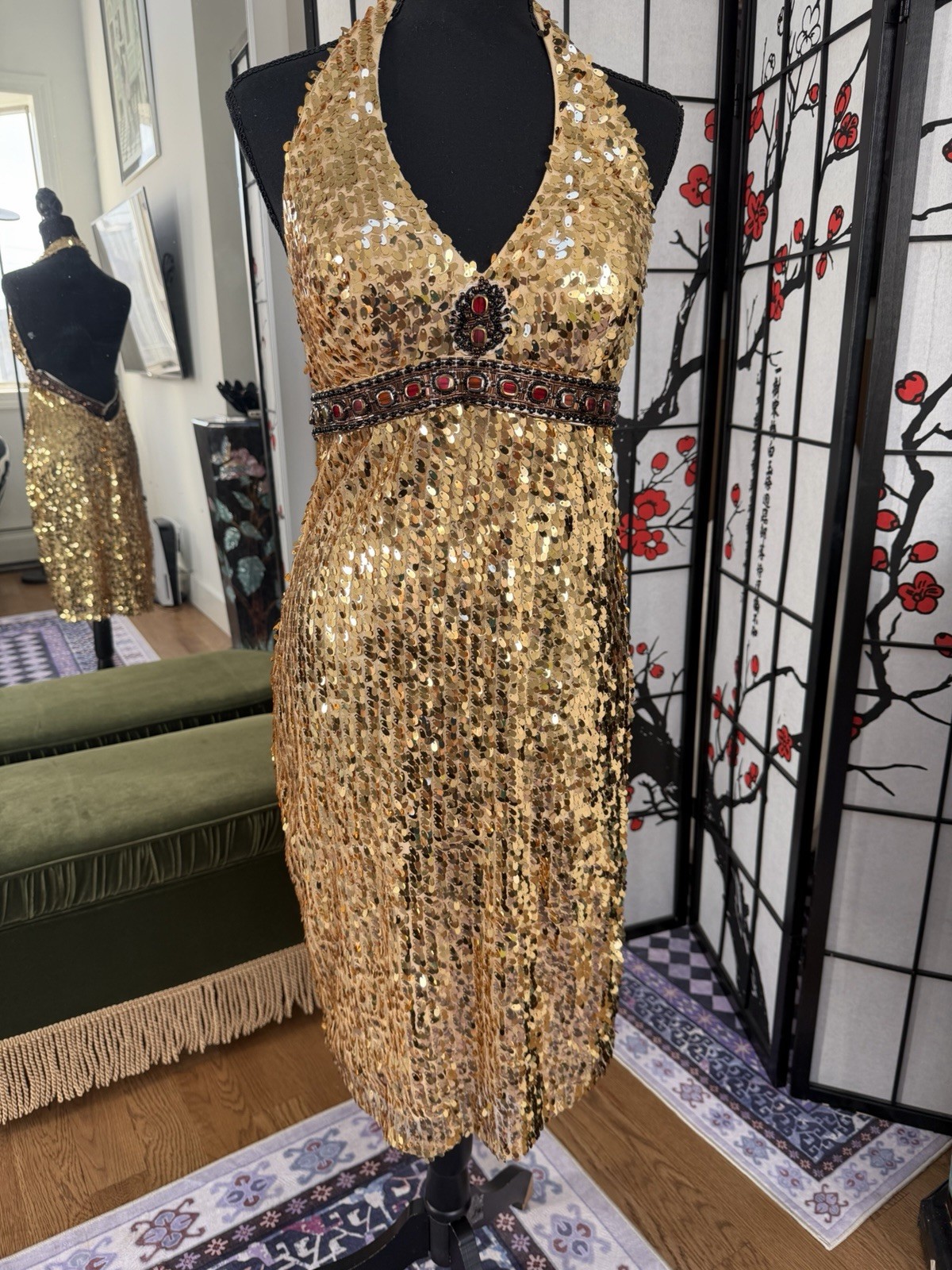 Gold Sequin Halter Dress – Open Back with Jeweled Waist