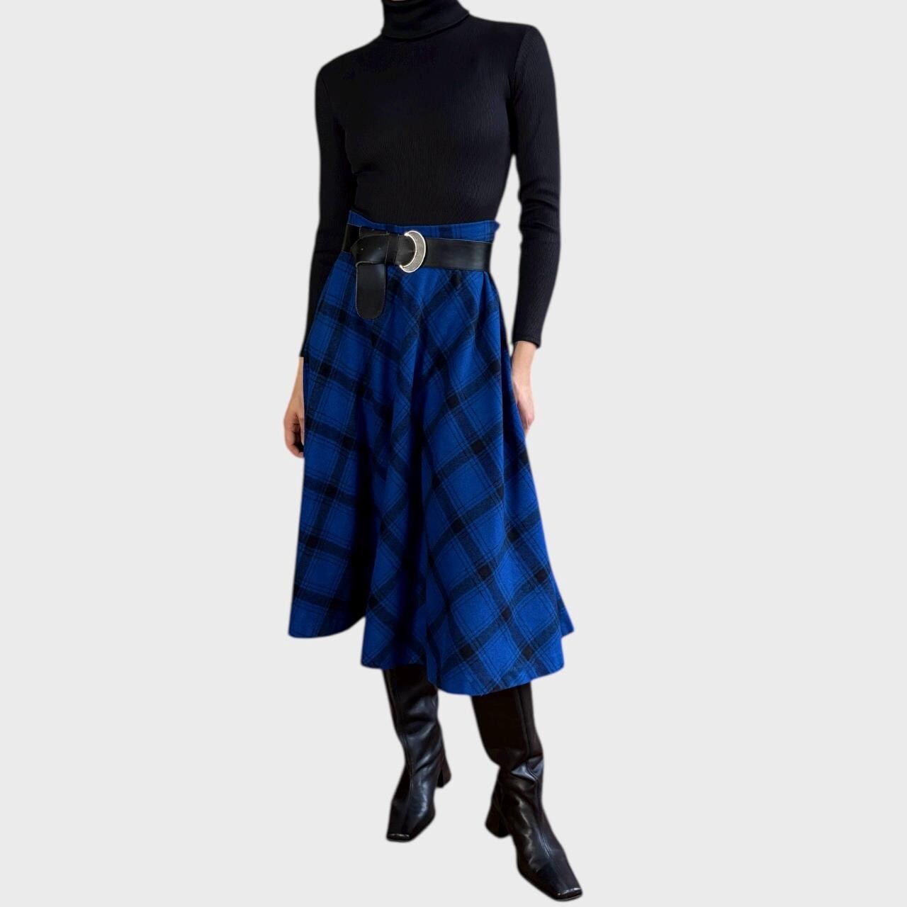 Vintage 90s Blue Plaid Wool Blend Midi Skirt | High Waist A-Line size US8/ EU40
