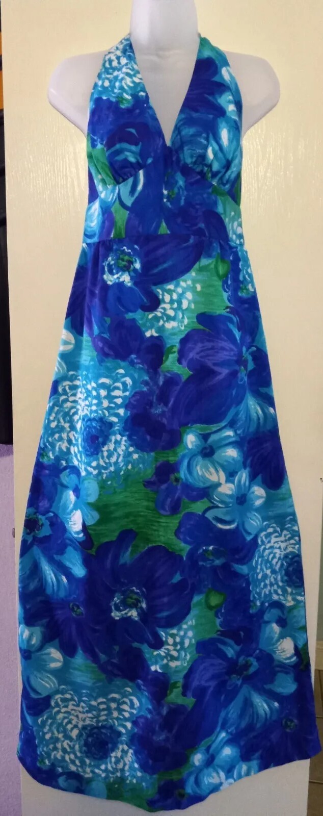 Vintage 60s Hale Aloha Tiki Oasis Hawaiian Blue Floral Barkcloth Halter Dress XS