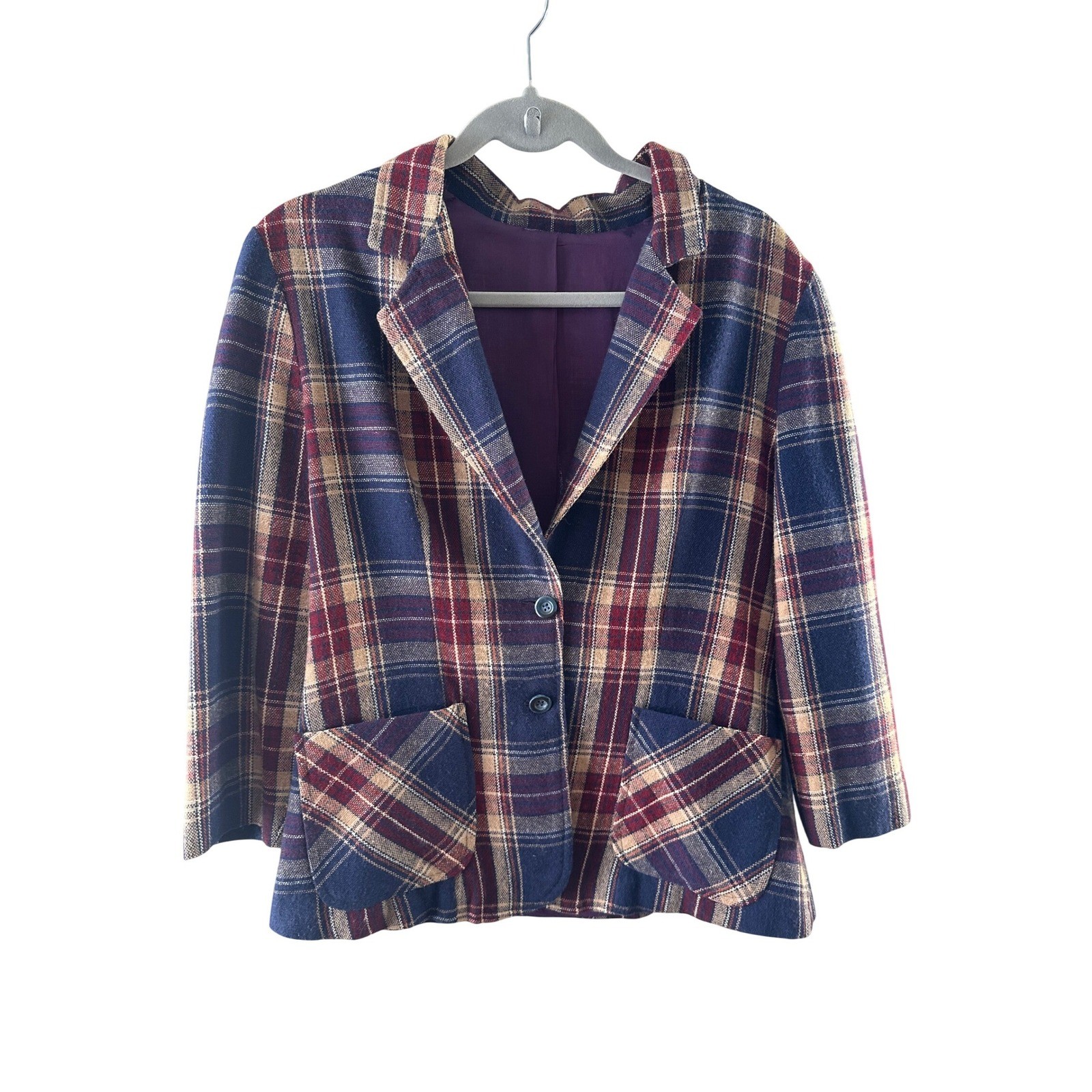 Vintage 70s Plaid Blazer Jacket Navy Burgundy Tan Tartan Academic Patch Pockets