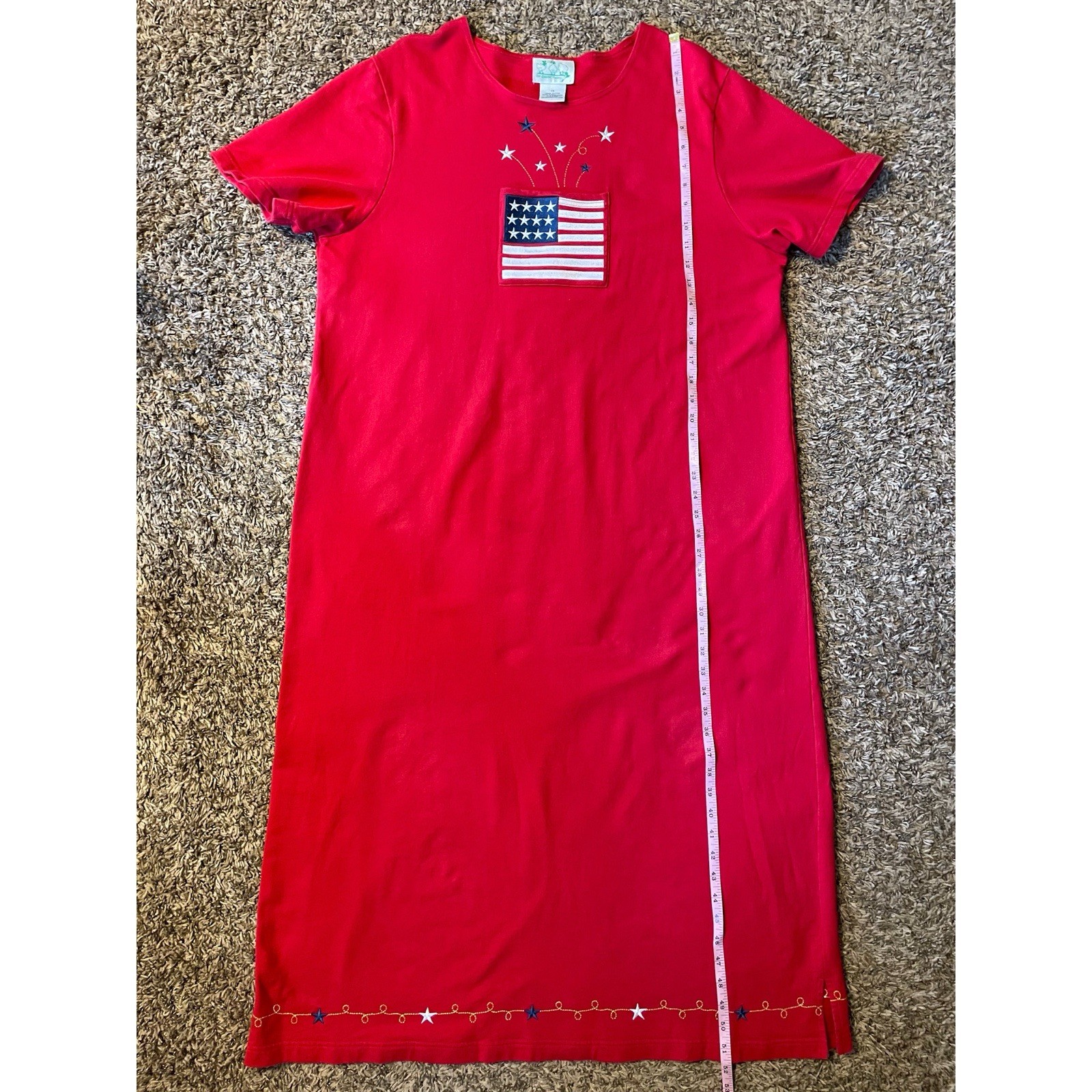 Vintage The Quacker Factory Red Flag Star Embroidered T Shirt Maxi Dress Plus 1X