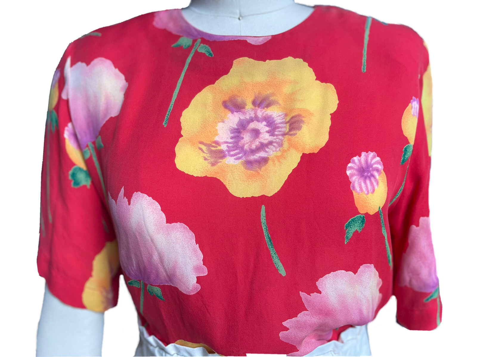 Vintage Ann May Silk Shortsleeve Blouse Poppies Floral Colorful PopArt Y2K