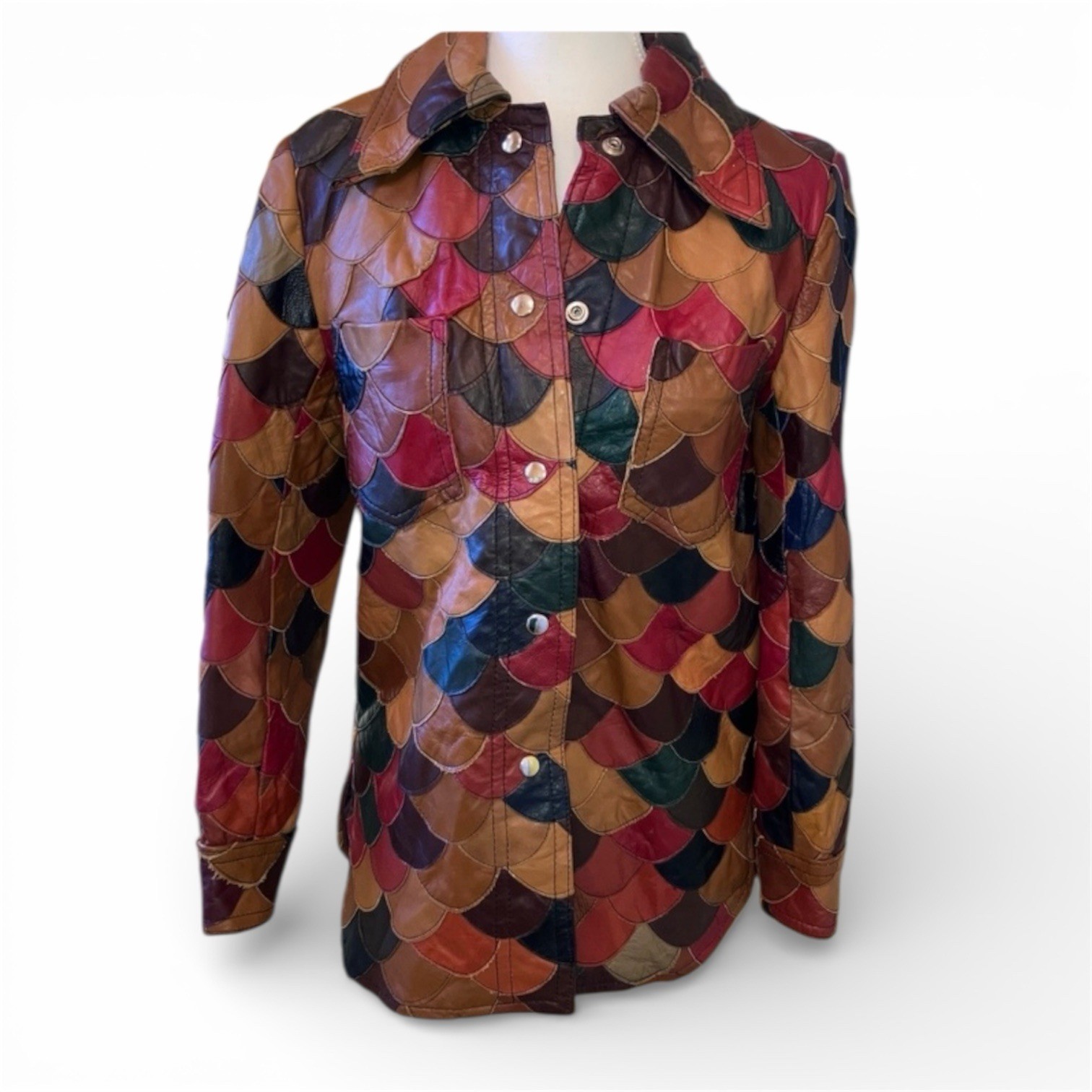 Vintage 70’s Multicolor Patchwork Leather Jacket Brown Red Green Blue Tan