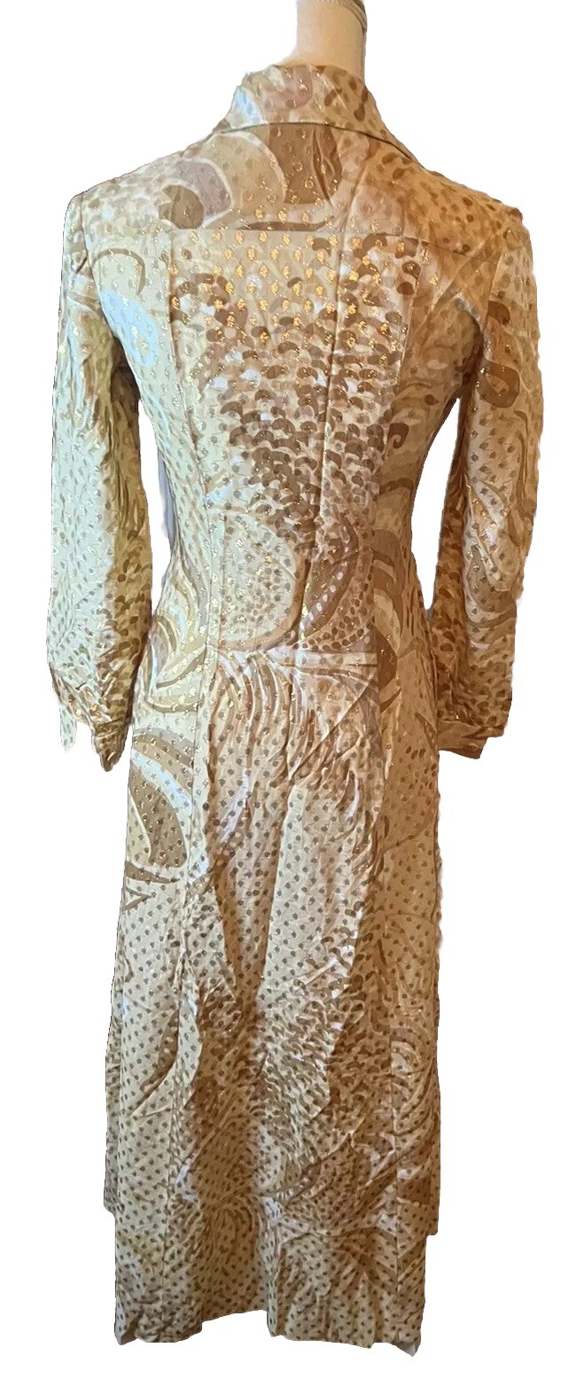 Vintage 70s Nancy Greer New York Metallic Print Party Dress Hostess Long Collar