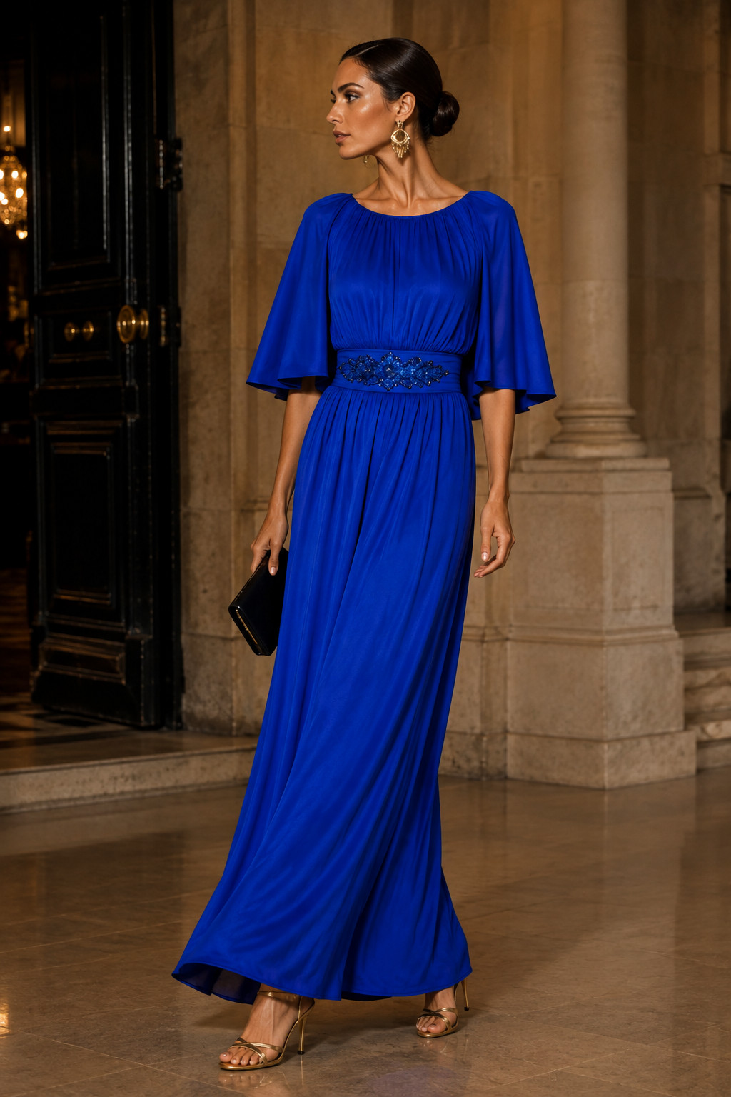 70s maxi dress evening dress Höpfner Jeunesse vintage royal blue cape sleeves 42 44
