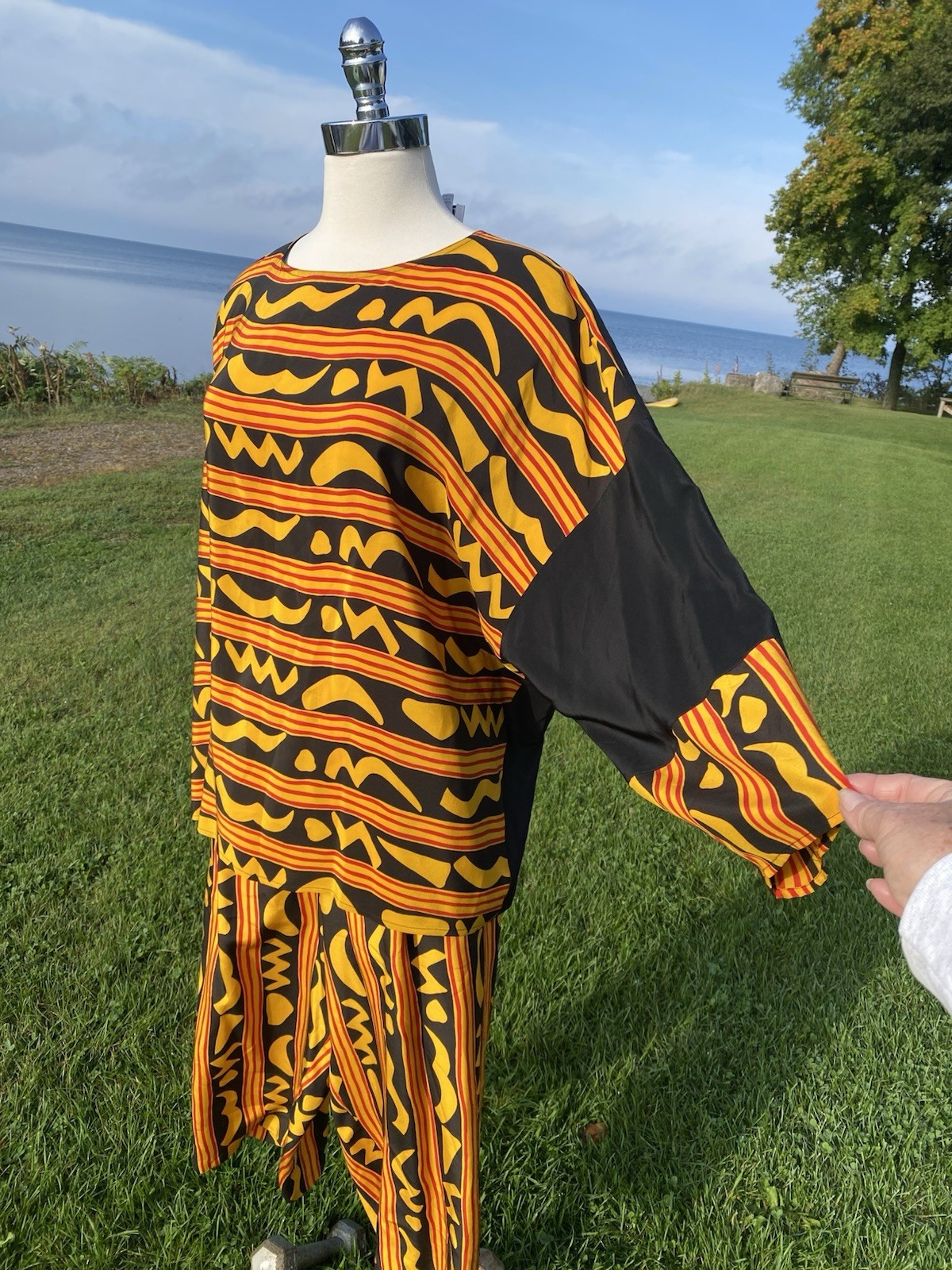 Vtg 1980s Gold Black Geometric Silk Blouse Balloon Pants Size Large To 1X