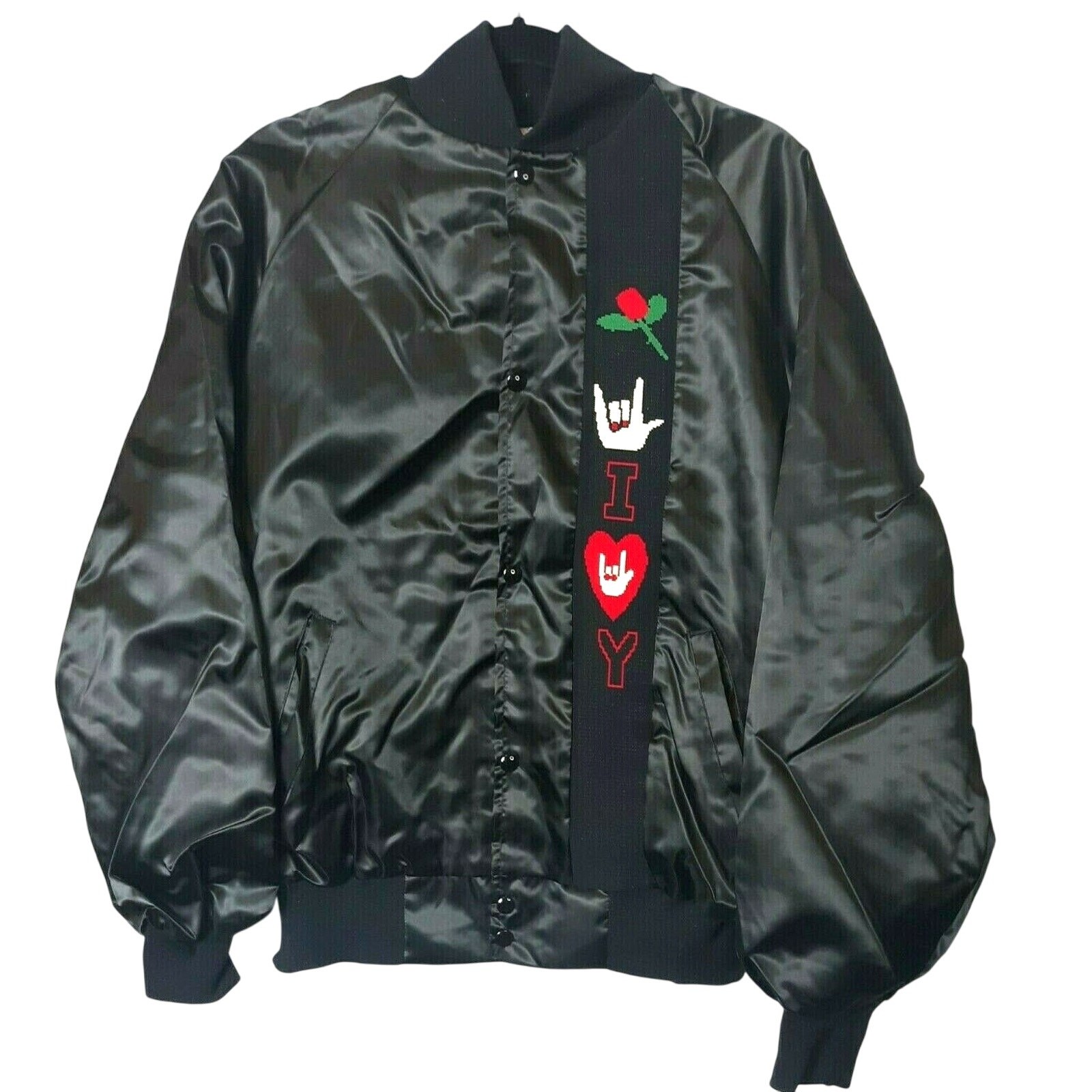 Vtg West Ark Satin Embroidered Rose Love Sign Bomber Jacket Size L Black Hippie