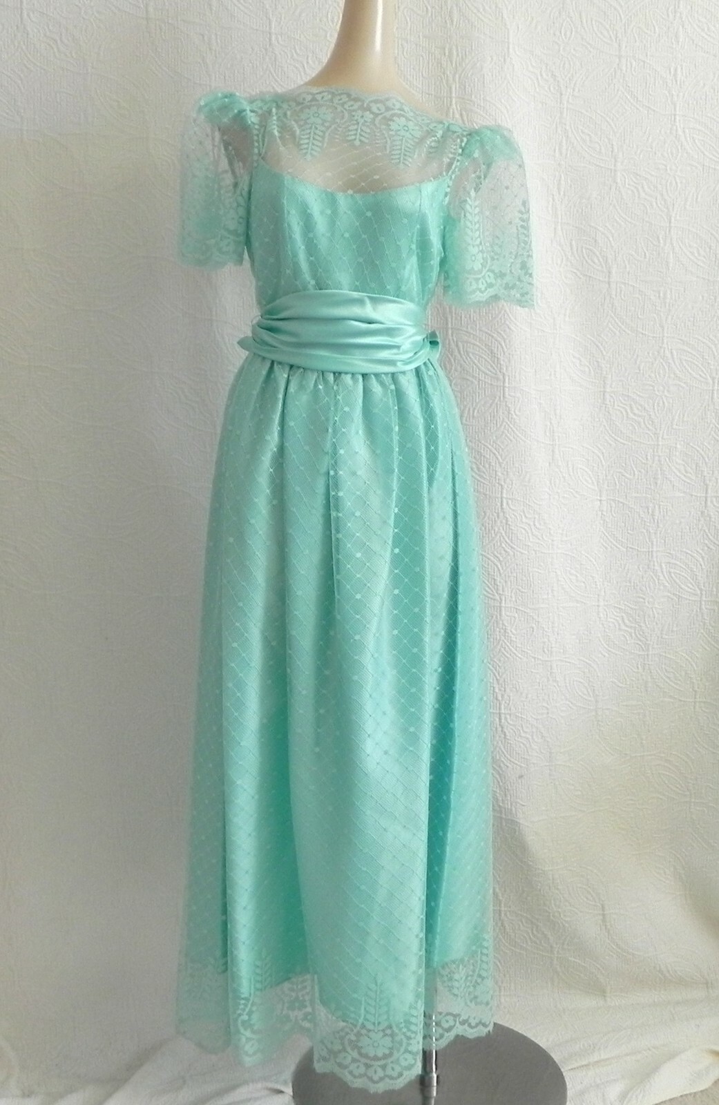 Vtg Night Moves New York Formal Dress Maxi Lace Short Sleeve Belted Size XS