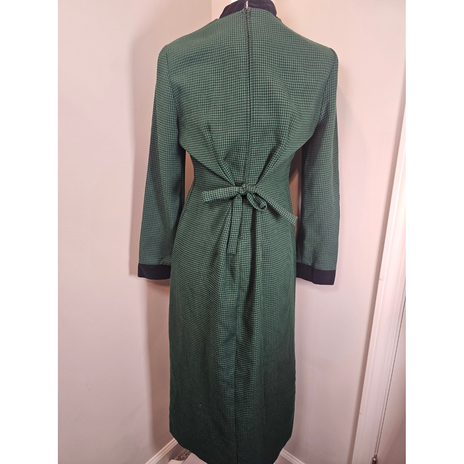 Miss Dorby Vintage Green Houndstooth Maxi Dress Long Sleeve Mock Neck Size 8