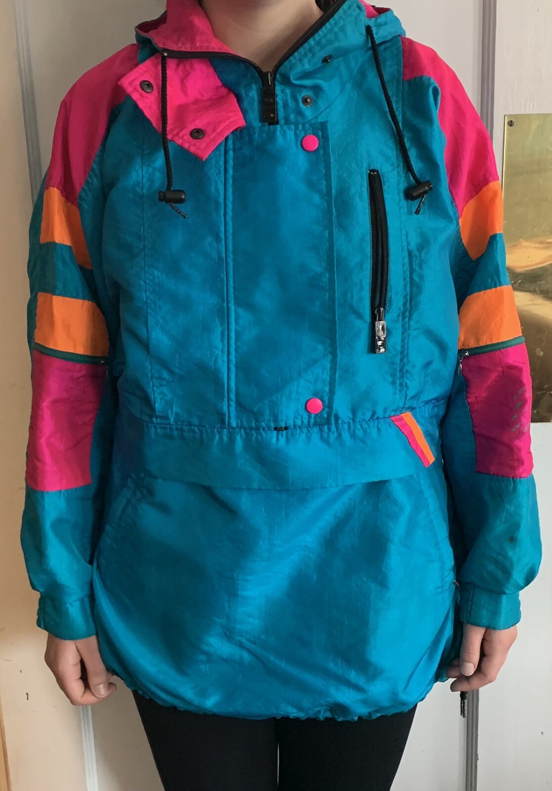 Sunbuster Performance Sports Apparel L ? Nylon Partial Zip Bright Turquoise Pnk