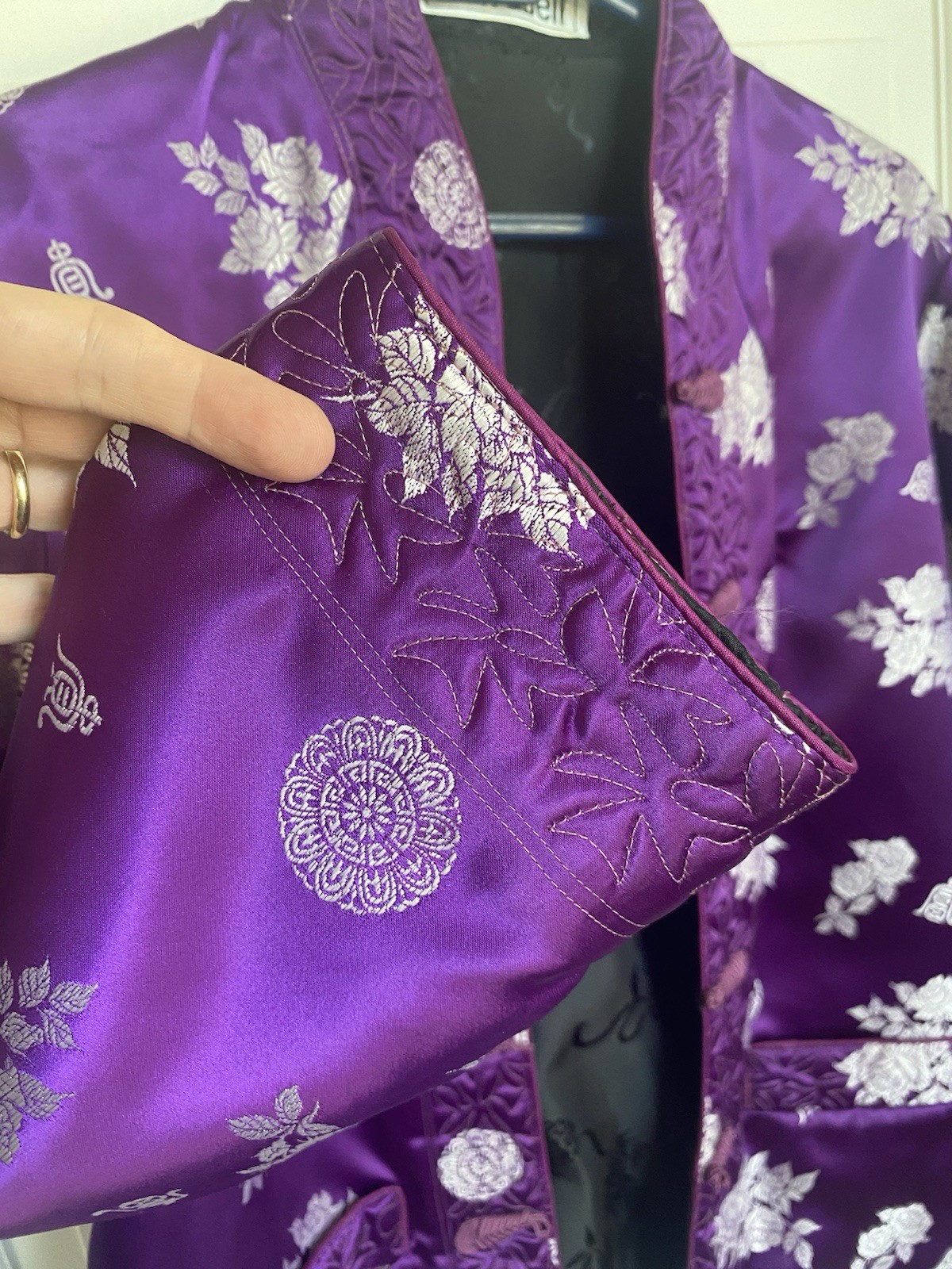 Vintage Chinese Purple Satin Brocade Jacket, Reversible/Floral Embroidery S/M