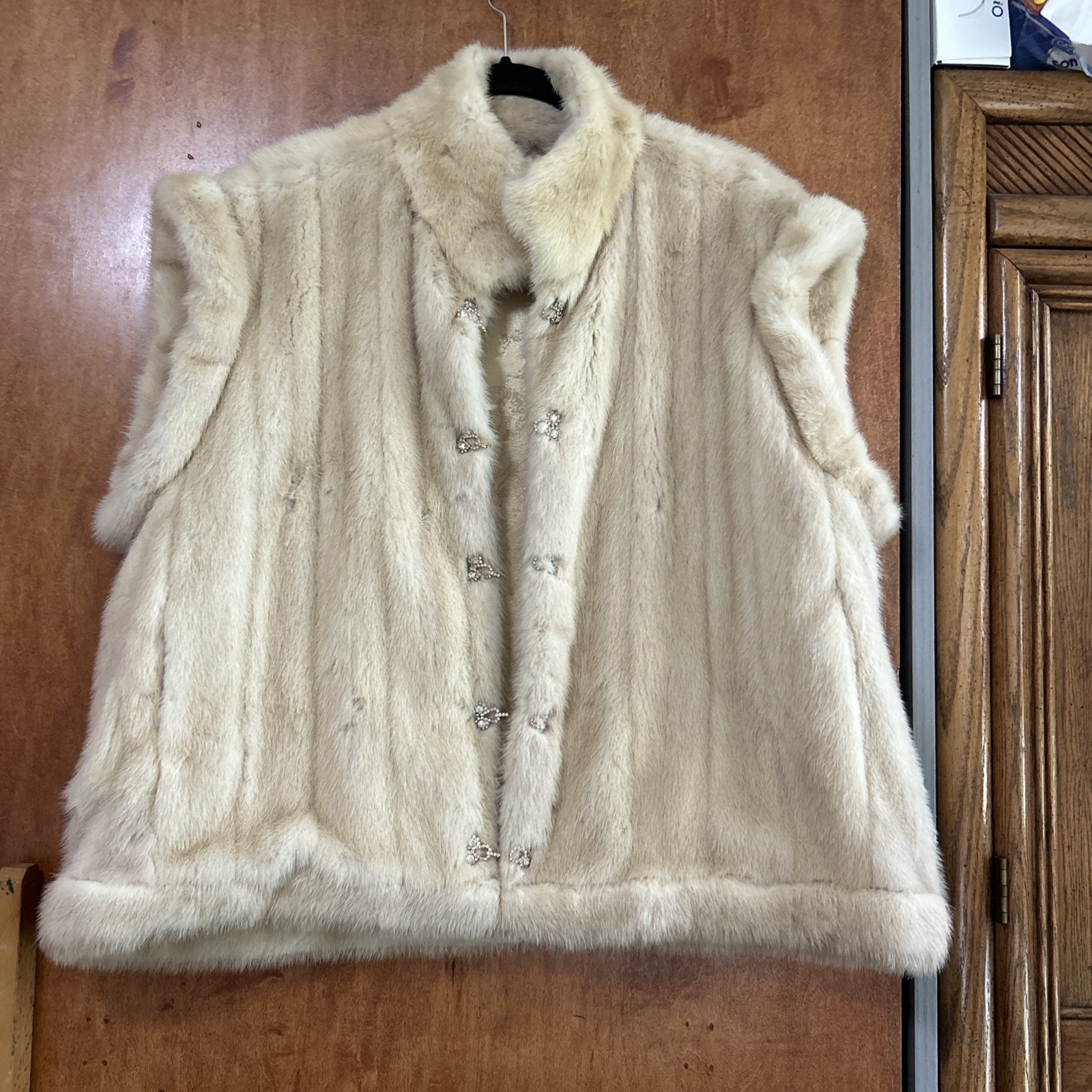 Vtg Mink Fur Short Blonde Lined Vest Rhinestone Closures Sz XL