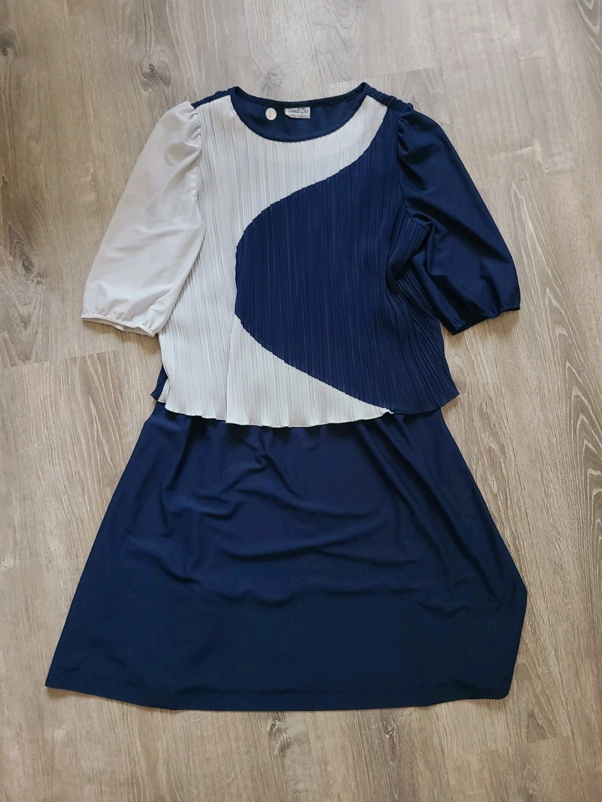 Vintage 70s Sandi Dee Womens 16 Dress Colorblock Pleated Half Puff Sleeve Retro