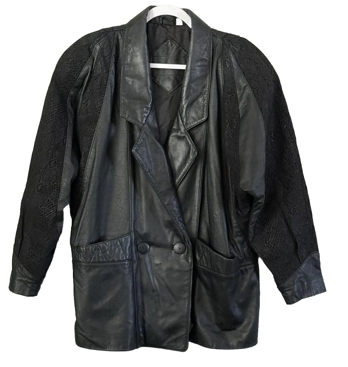 Vtg 80s Preston & York Leather Coat sz M BLack Embossed Paisley Suede Modern
