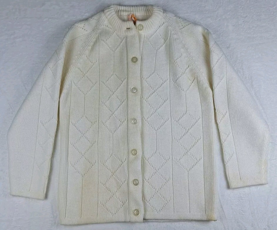 Vintage 60s Sears Womens Cardigan Button Up Sweater Knit Acrylic White Size 38