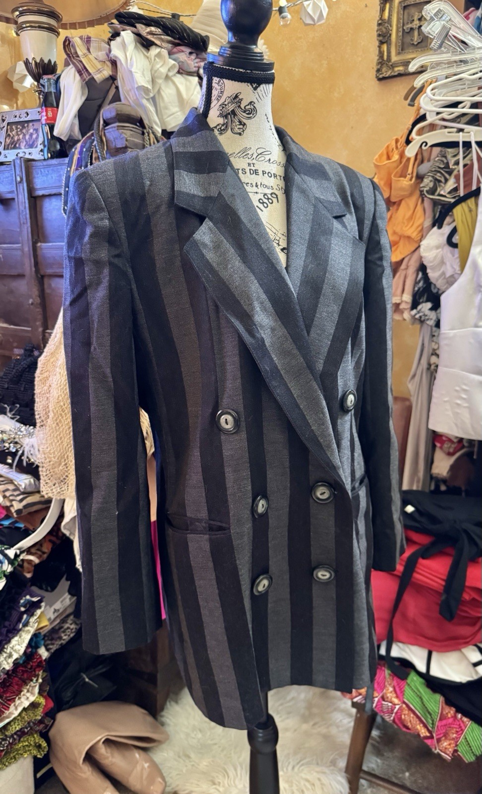 Vtg Harve Benard Wool Black Fray Stripe Blazer Jacket Shoulder Pads Double 12 M