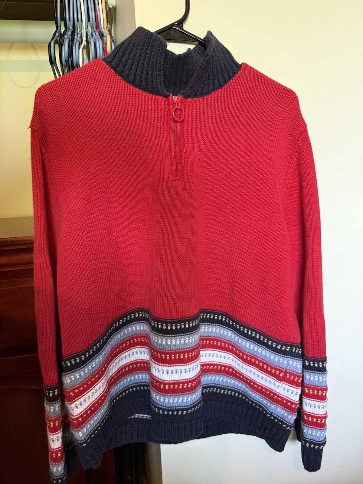 Vintage 90s Villager Sport Fair Isle Sweater 1/4 Zip Knit Red Striped Boxy L