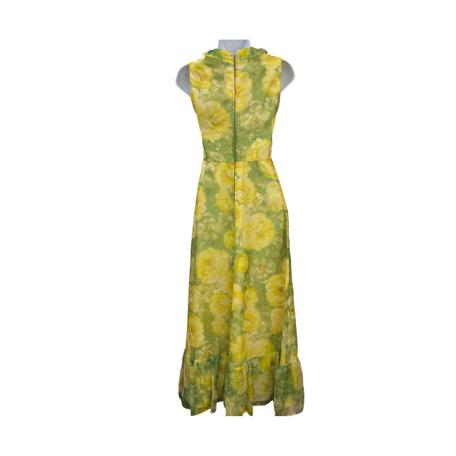 Vintage 70s Floral Maxi Dress Yellow Green Ruffle Boho Prairie Garden Party Prom