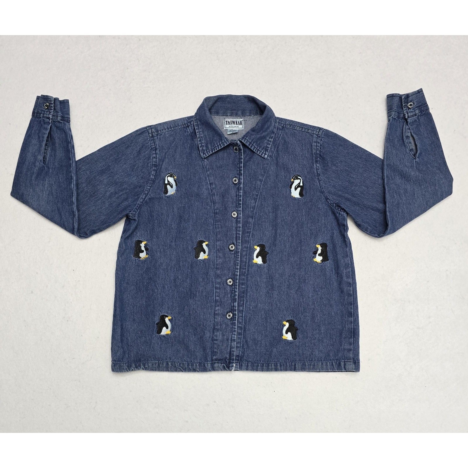 Tagwear Worldwide Vintage Blue Denim Penguin Embroidered Button Down Shirt Med
