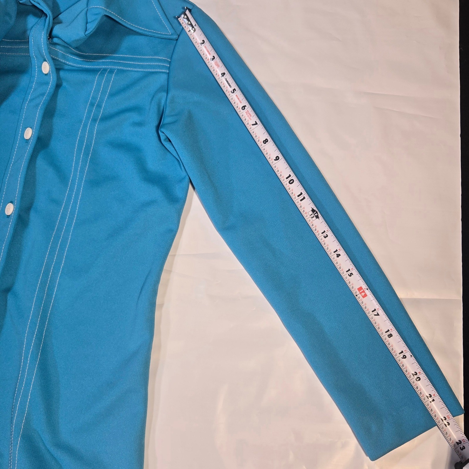 Vintage 70s Sears Turquoise Blue Knit Shirt Jacket White Contrast Stitch Disco M