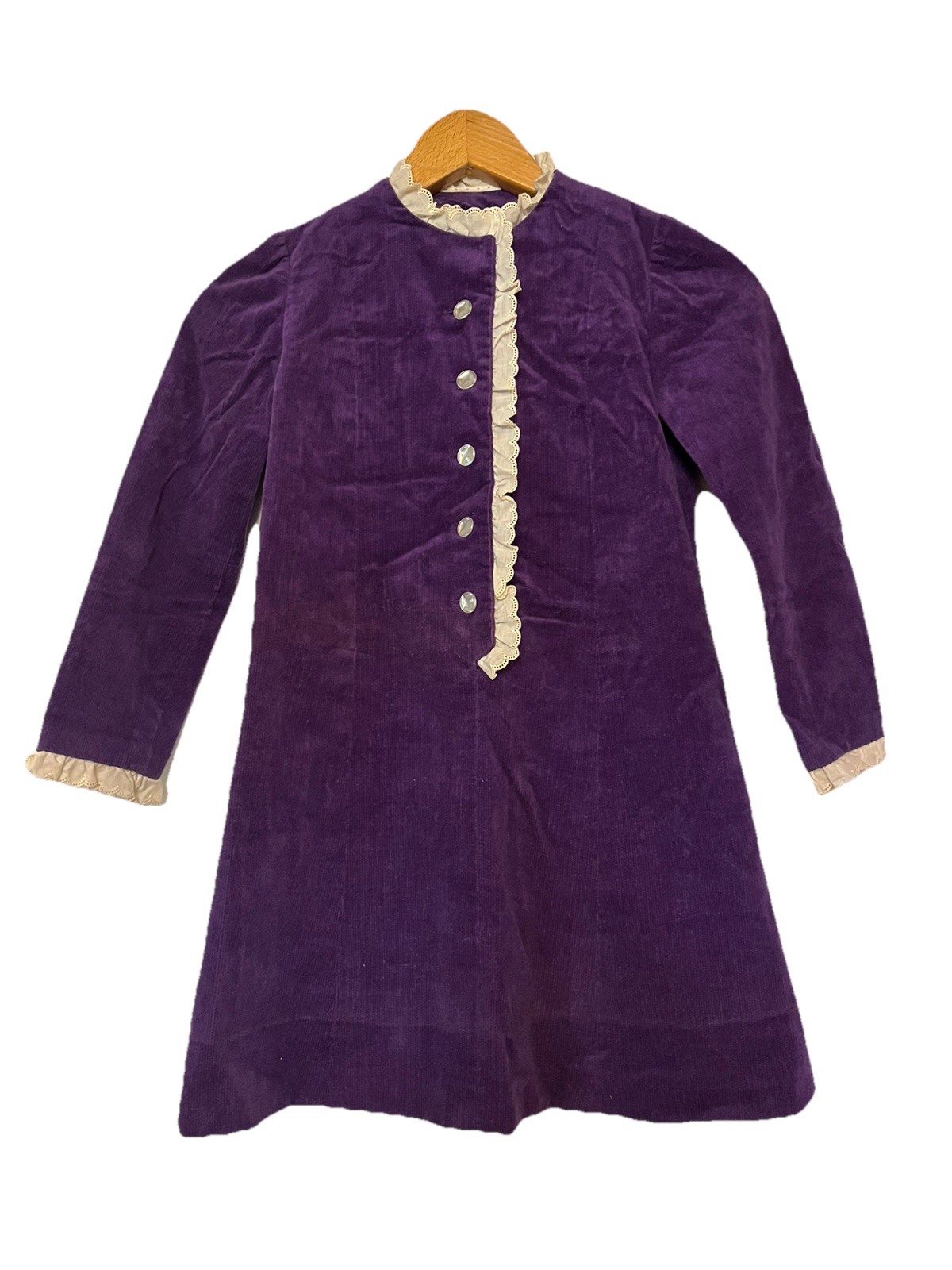 Vintage Handcrafted Purple Velvet Shift Dress Lace Mod Retro 60s 70s