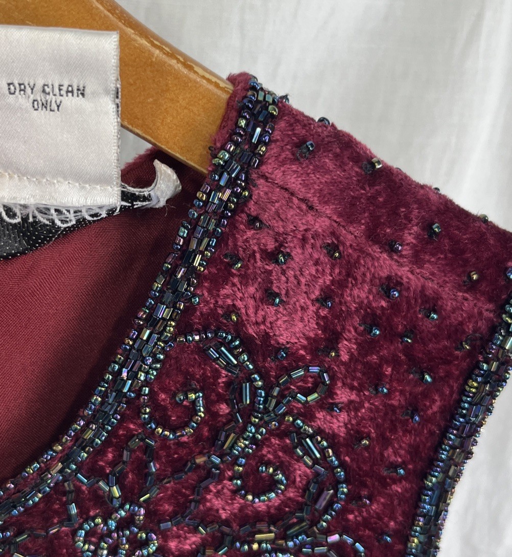 Vintage Paradise NY Beaded Velvet Floral Sleeveless Top Maroon Zip Size Small S