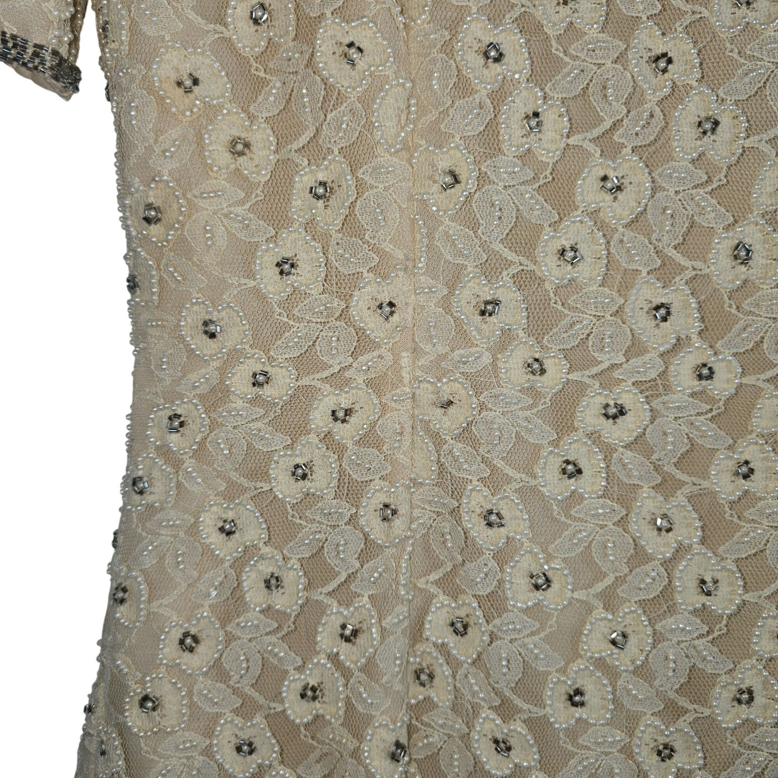 Vintage Stenay White Pearl Silver Bead Champagne Lace Mini Sheath Cocktail Dress
