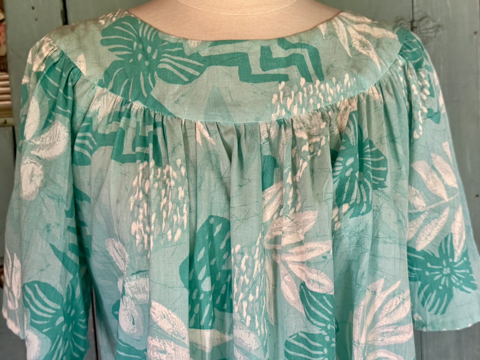VTG 60’s BARK CLOTH HAWAIIAN MUMU Maxi Muumuu Kaftan Teal SeaGreen Bespoke S/M++