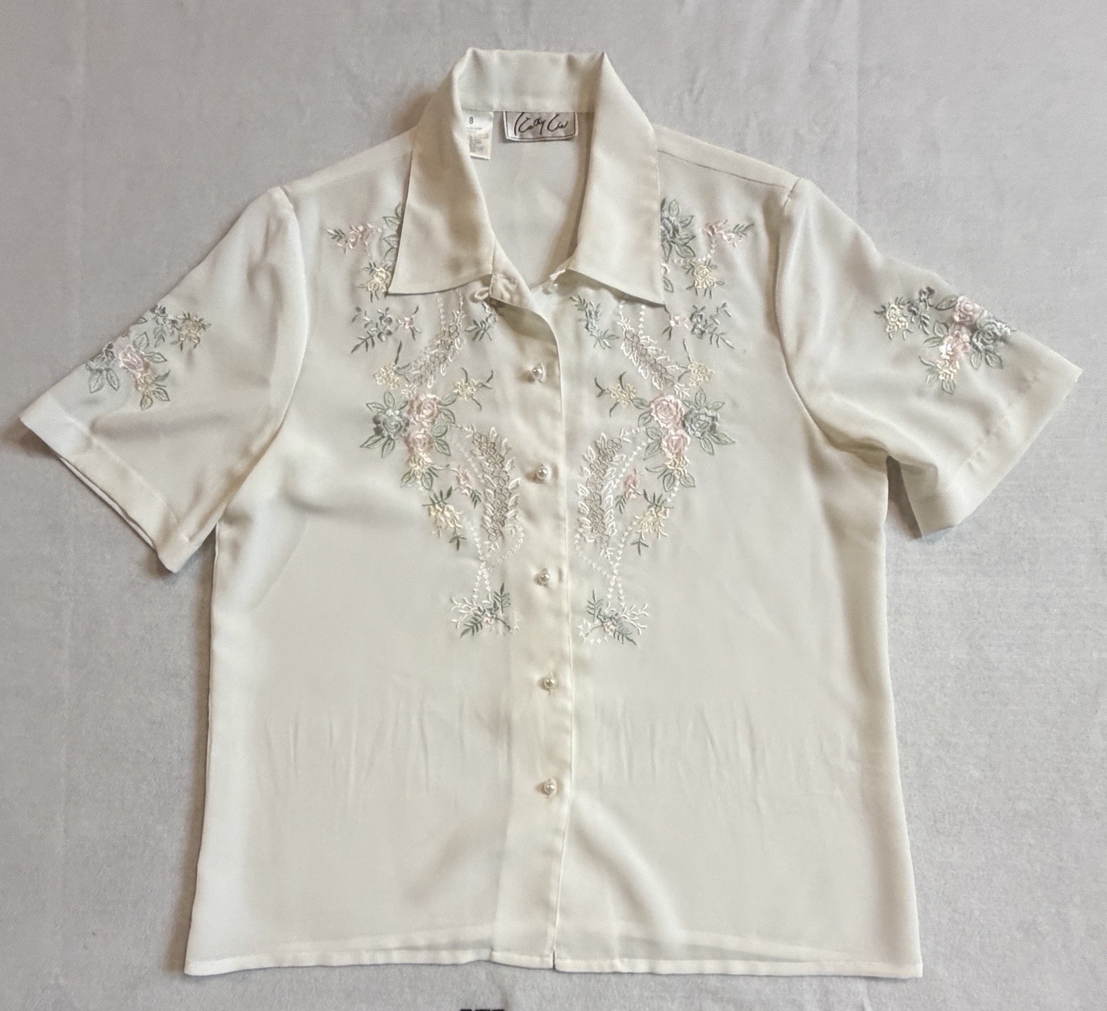 Vintage Embroidered Floral Button Front Blouse White Size 8 Cottagecore Romantic