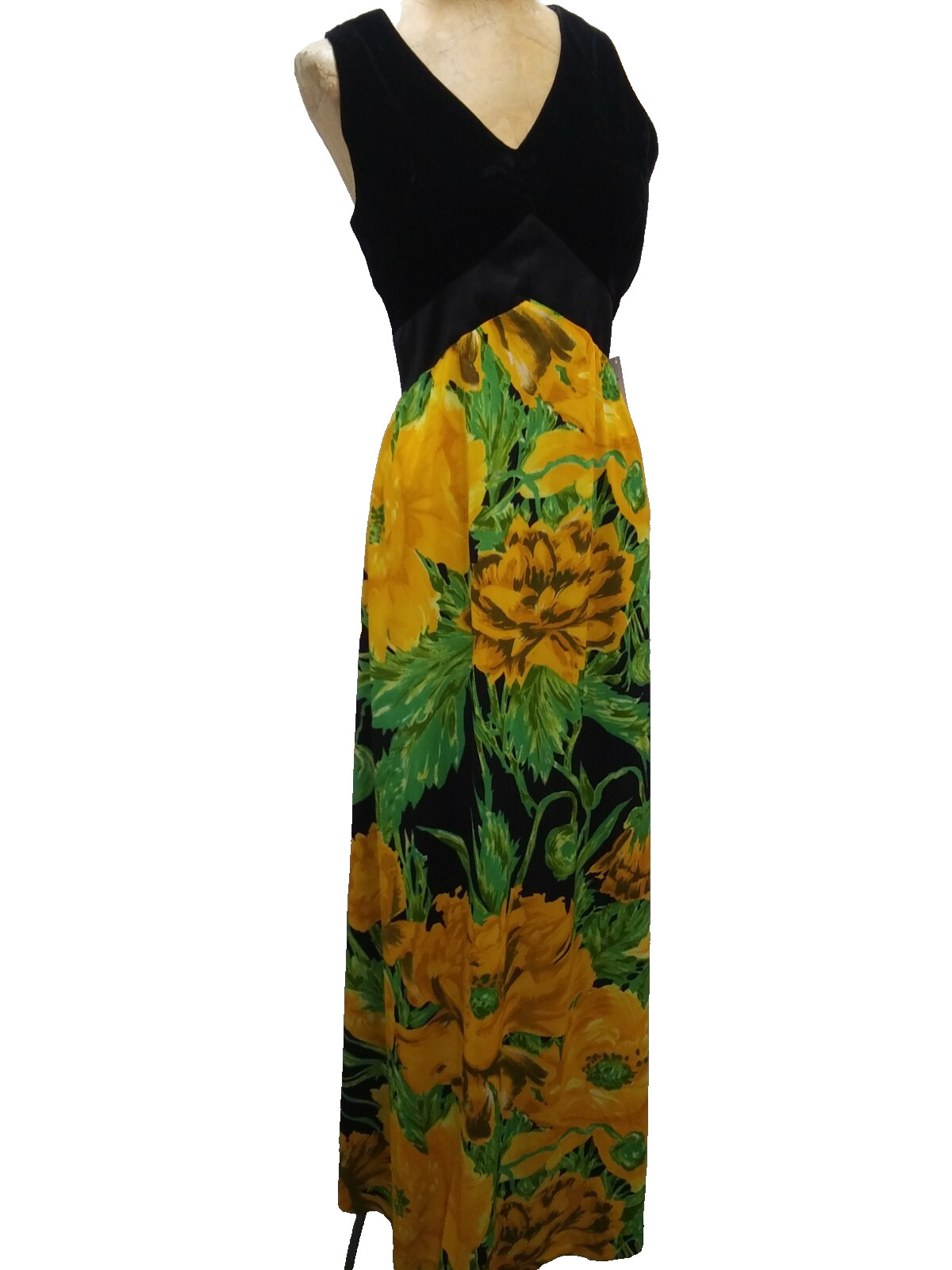 1970’s Black Velvet Yellow Green Jersey Maxi Dress Boulevard Velvet Medium NWT